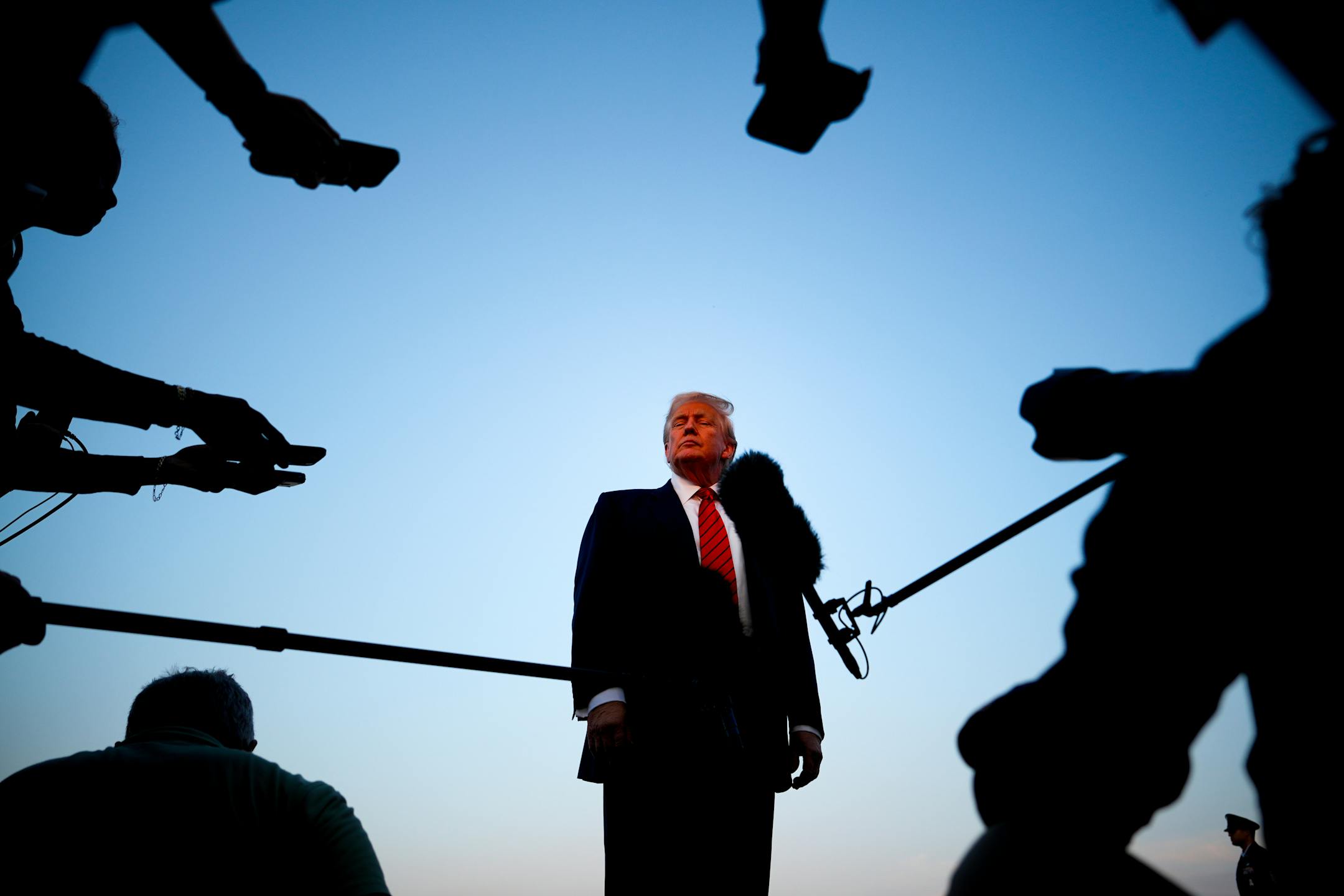 President Donald Trump speaks with reporters before boarding Air Force One at Lehigh Valley International Airport, Sunday, Aug. 3, 2025, in Allentown, Pa.
