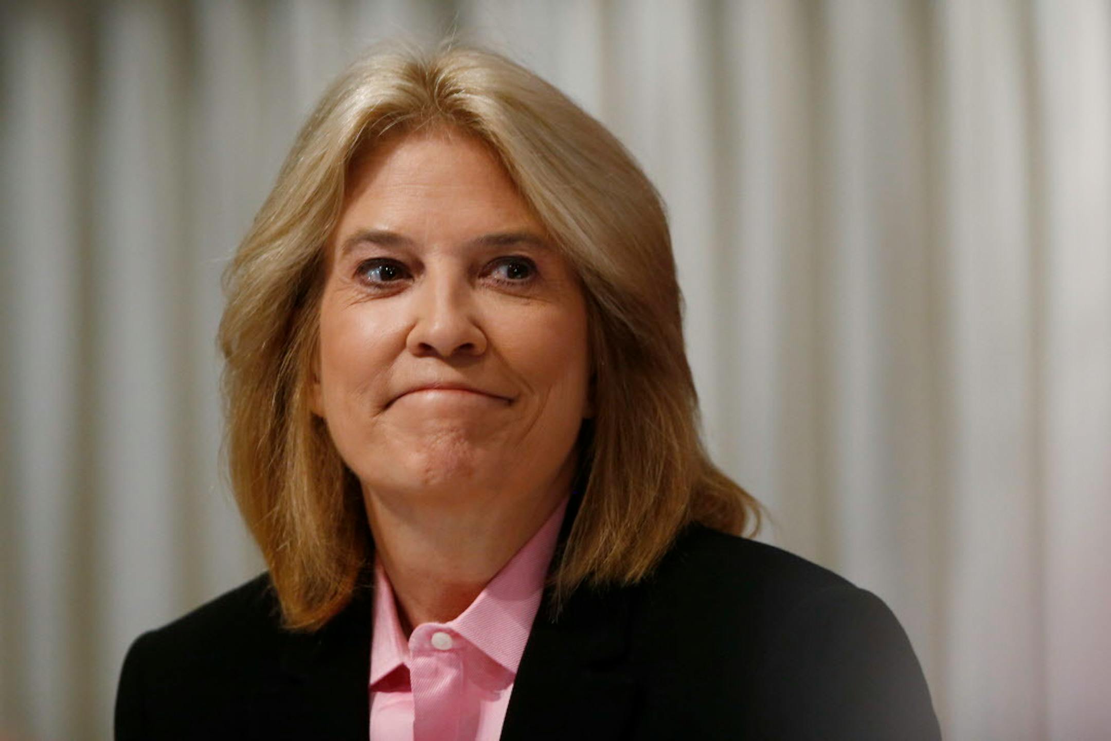 Greta Van Susteren of FOX News Channel listens as Gary Pruitt, President and Chief Executive Officer of the Associated Press, speaks at the National Press Club (NPC) in Washington.