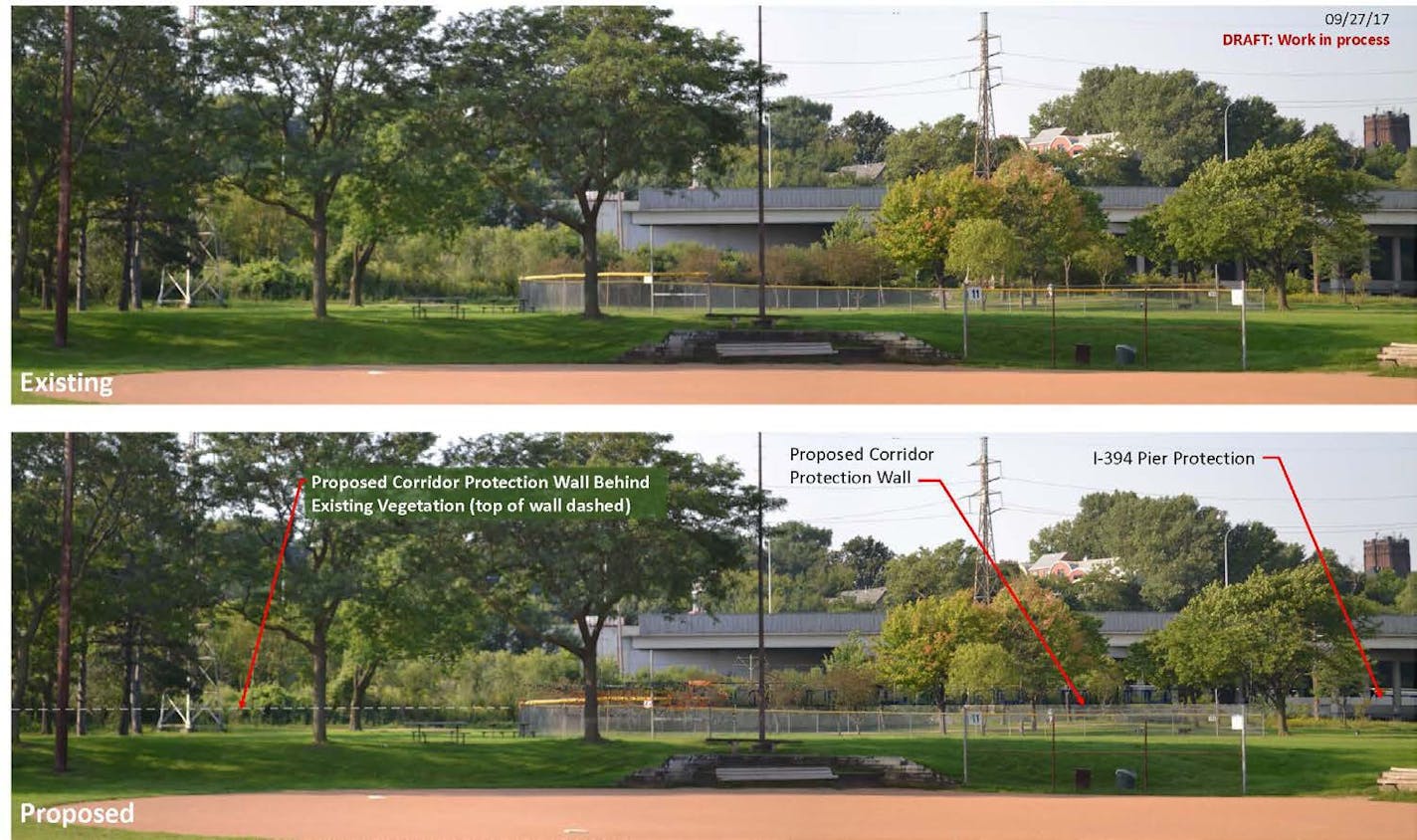 Two views of the Southwest LRT corridor showing the construction profile of proposed wall.