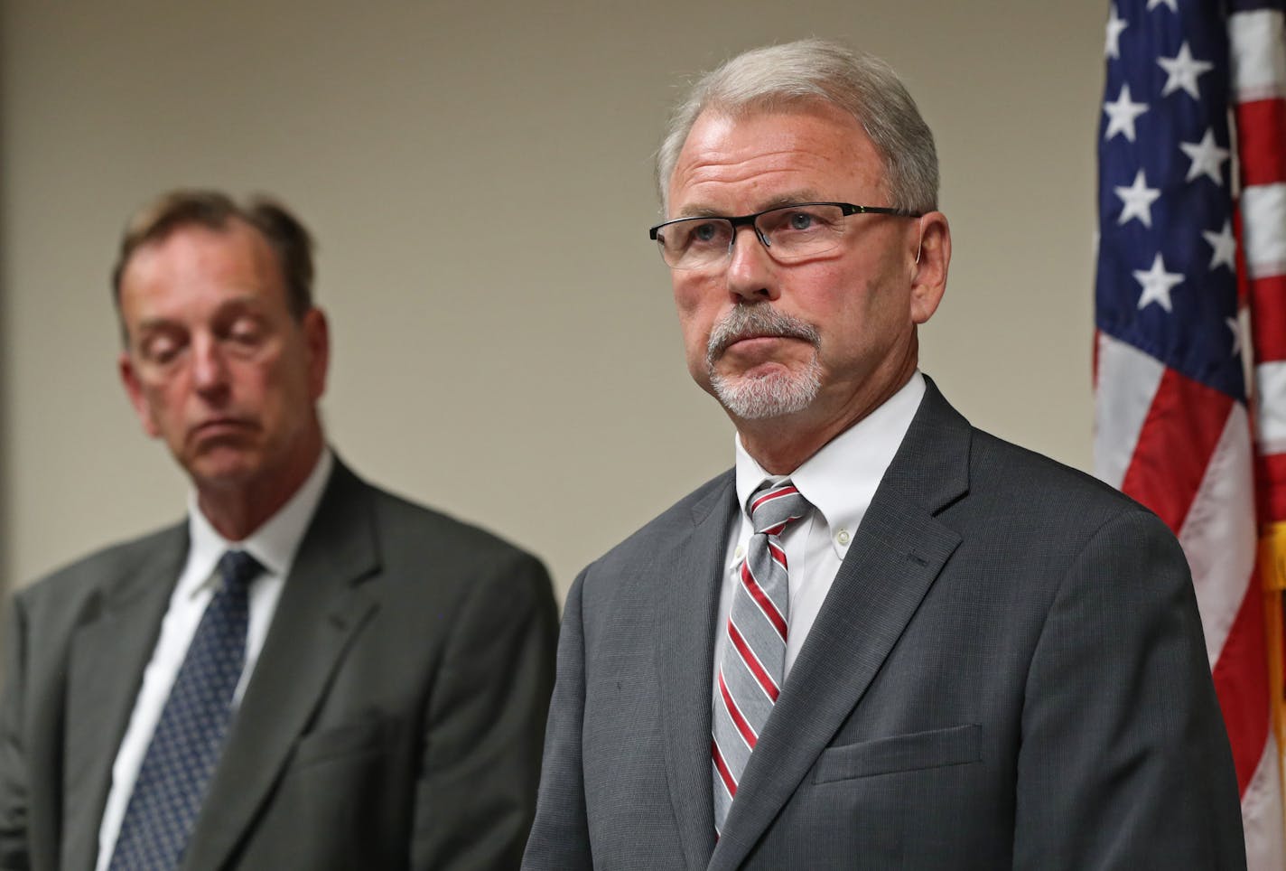 Department of Corrections Commissioner Tom Roy spoke as Washington County Attorney Pete Orput stood next to him. ] Shari L. Gross &#xef; shari.gross@startribune.com Media availability to discuss prosecution and offender profile regarding MCF-Stillwater Corrections Officer Joseph Gomm's death Thursday, July 19, 2018