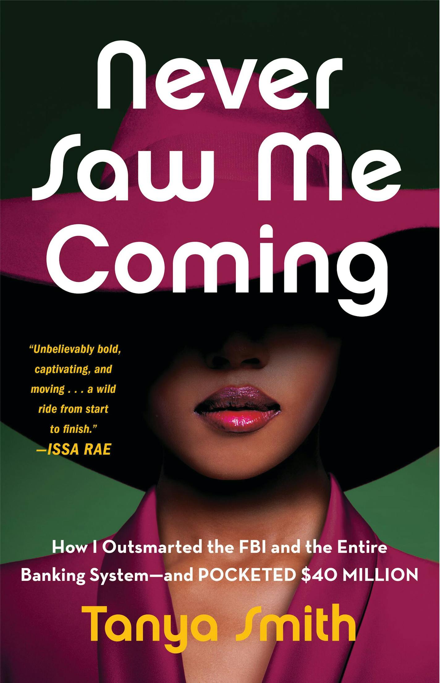 cover of Never Saw Me Coming is an image of a woman wearing a hat that covers her face