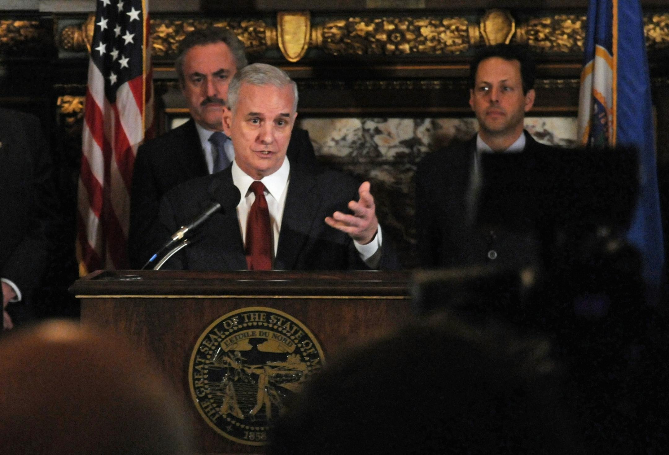 Gov. Mark Dayton announced the agreement to build a new Minnesota Vikings stadium during a press conference in the Governor's reception room at the State Capital on Thursday morning March 1,2011