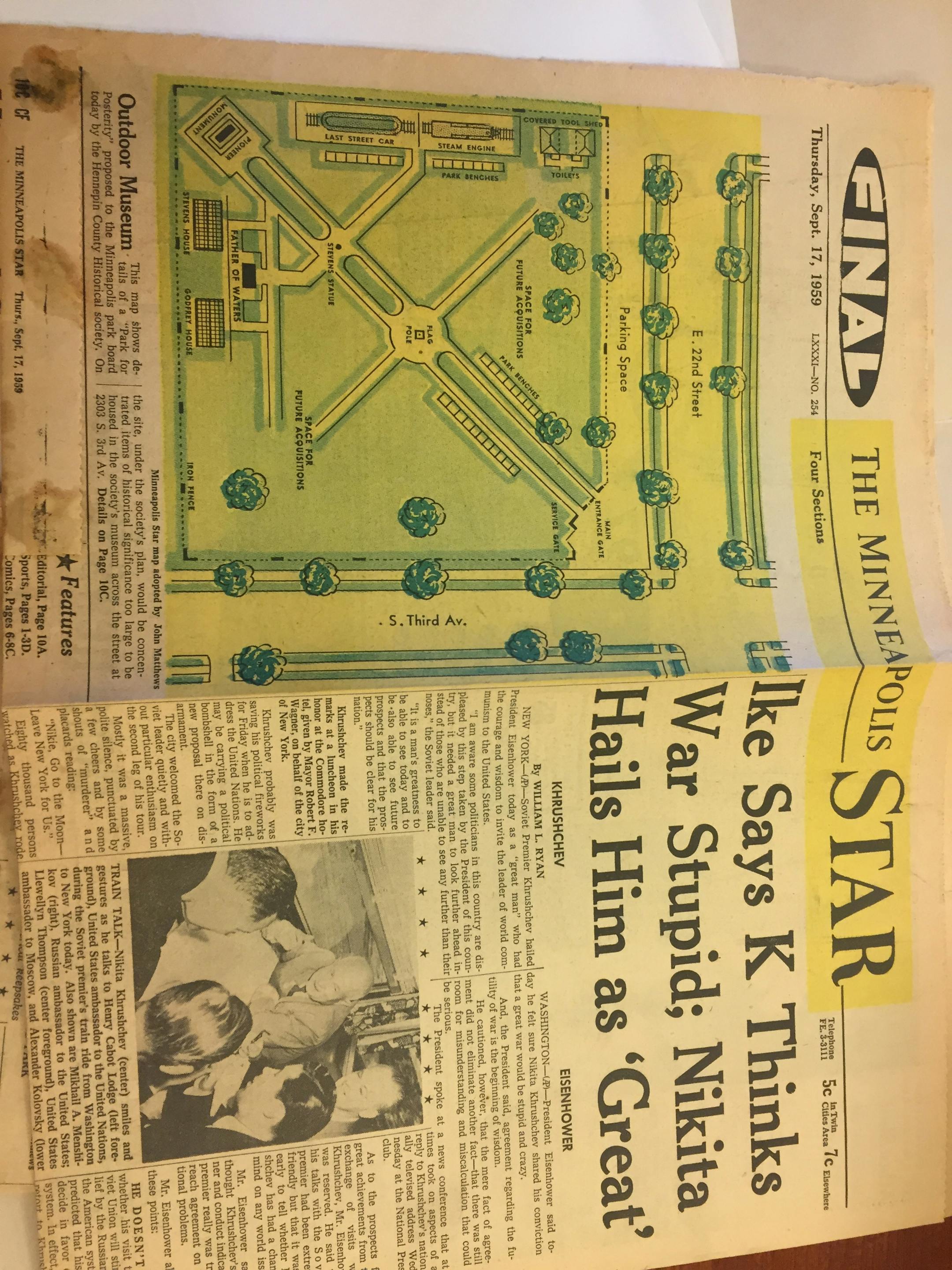 The front page of the Minneapolis Star on September 17, 1959, showing a prominent drawing of the proposed "Park for Posterity."