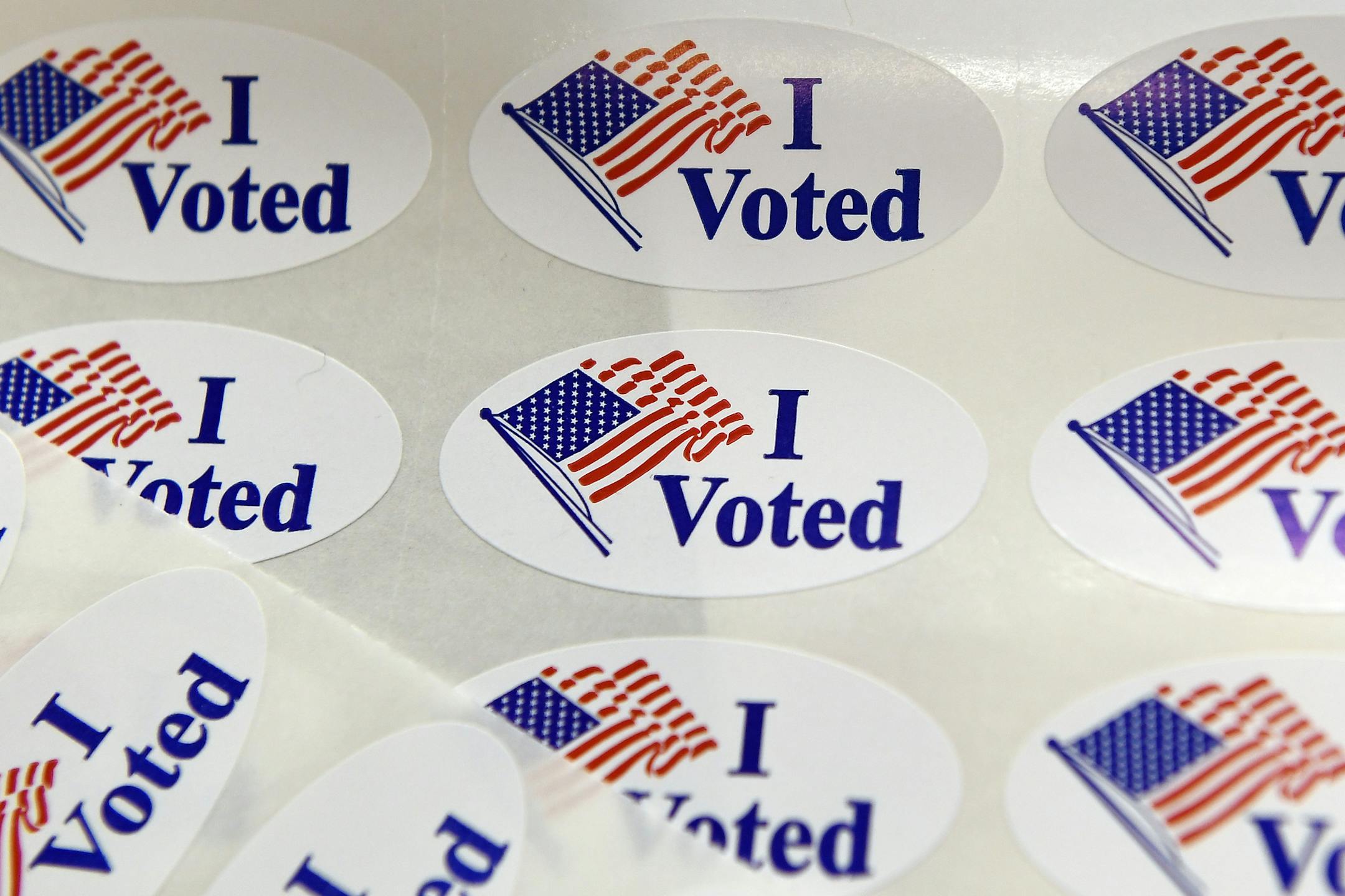 "I voted" stickers on display at the Albany County Board of Elections, Oct. 14, 2020, in Albany, N.Y.