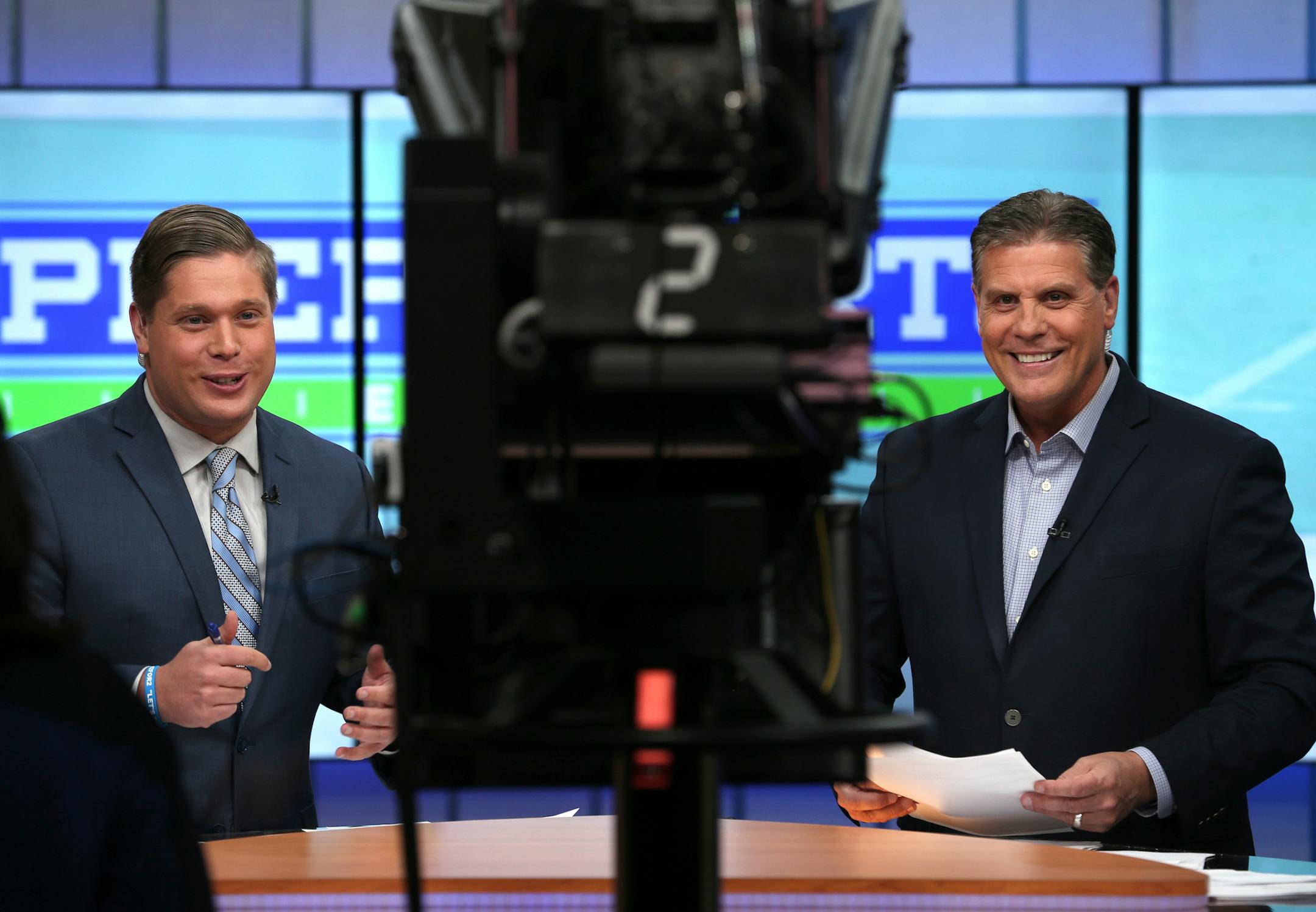 Ryan Shaver, left, talks as his father, Randy Shaver, listens during the Prep Sports Extra show at the KARE 11 studio in Minneapolis on Friday, Nov. 2, 2018. ] Kevin Martin ¥ kevin.martin@startribune.com KARE 11 news anchor/prep sports dean Randy Shaver recently found out he has cancer -- again (he was treated for Hodgkins 20 years ago). Though he's been very public about his illness and become one of the top cancer spokespeople and fundraisers, he never expected to be dealing with the dise