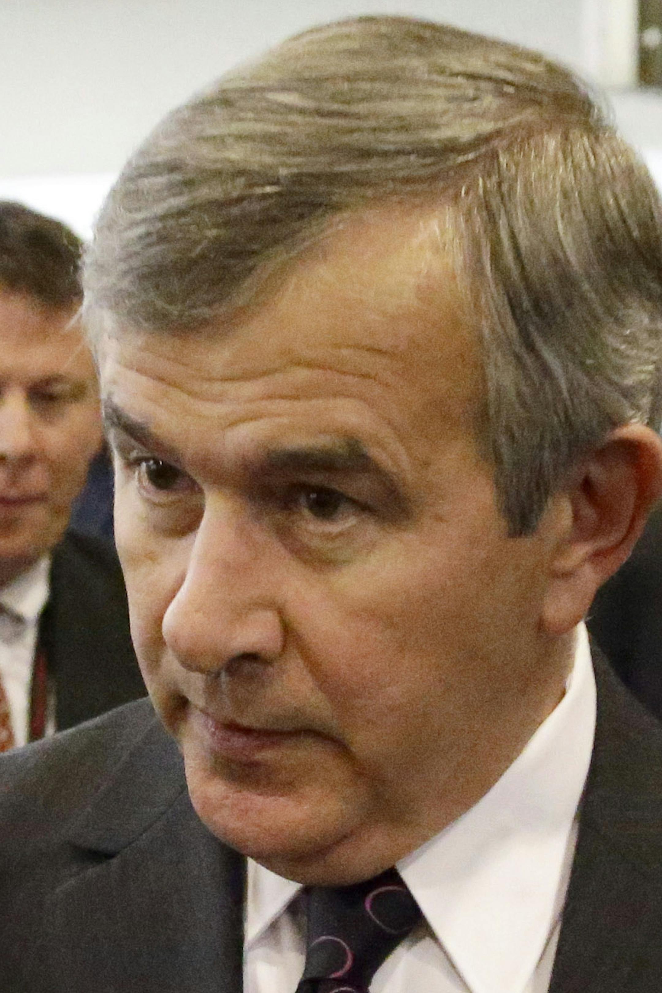 FILE - In a Tuesday, Nov. 13, 2012 file photo, Sen. Mike Johanns, R-Neb. speaks with reporters on Capitol Hill in Washington. Johanns announced Monday, Feb. 18, 2013 that he will not seek re-election in 2014, explaining he wants a "quieter time" to focus on his family following a busy political career. (AP Photo/Alex Brandon, File)