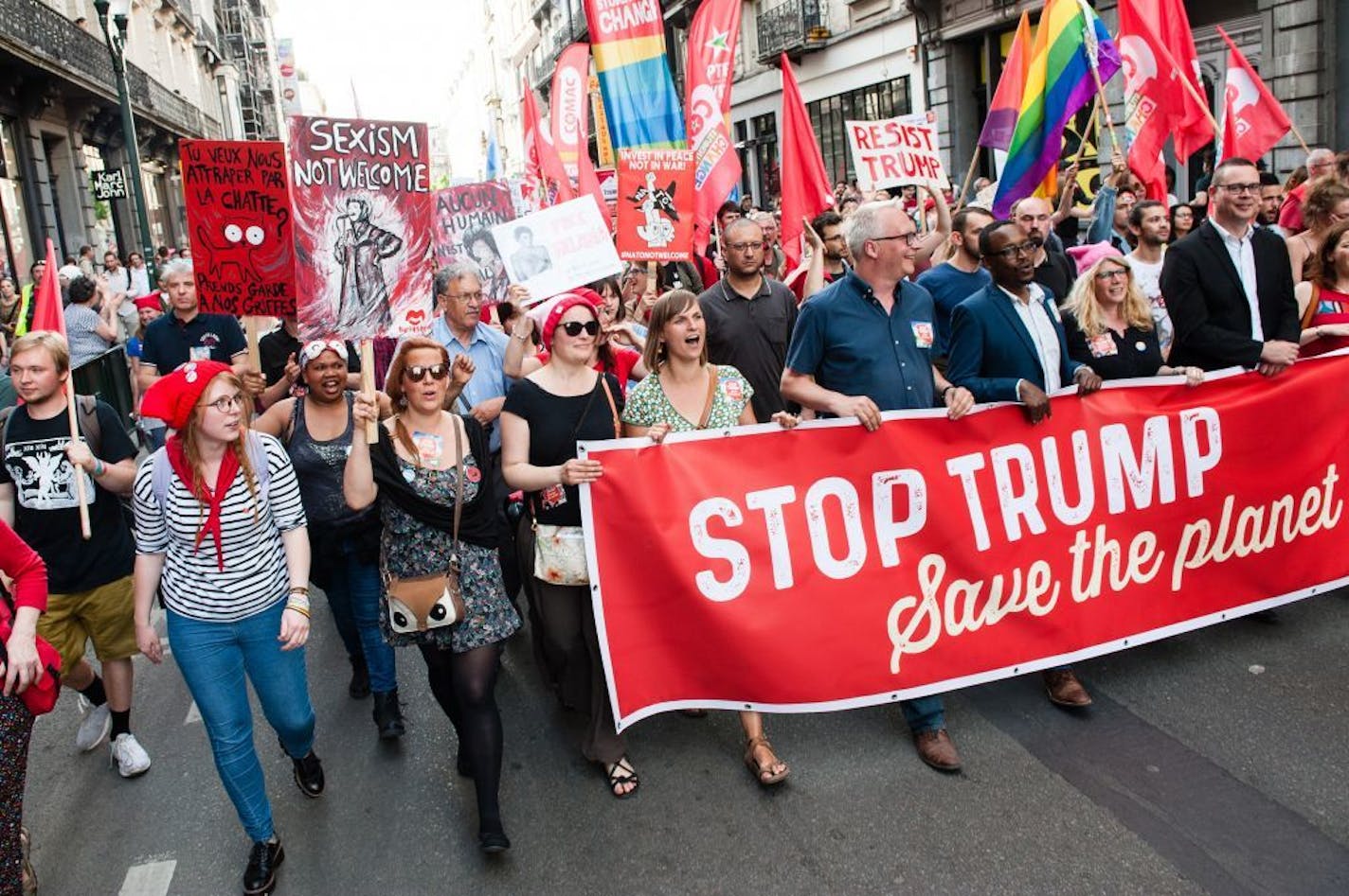 Demonstrators protest against President Donald Trump's climate stance at the recent NATO meeting in Brussels, Belgium.