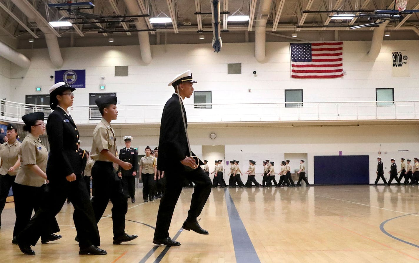 Members of the Washington Technology Magnet School Navy junior ROTC held an inspection and review Thursday, Oct. 27, 2016, at Washington in St. Paul, MN. Here, some of the 136 Washington students who participate in junior ROTC march in formation in front of dignitaries, parents and fellow junior ROTC members.](DAVID JOLES/STARTRIBUNE)djoles@startribune.com The St. Paul school district is considering expanding its school ROTC programs to a sixth high school -- Highland Park Senior High -- in 2017