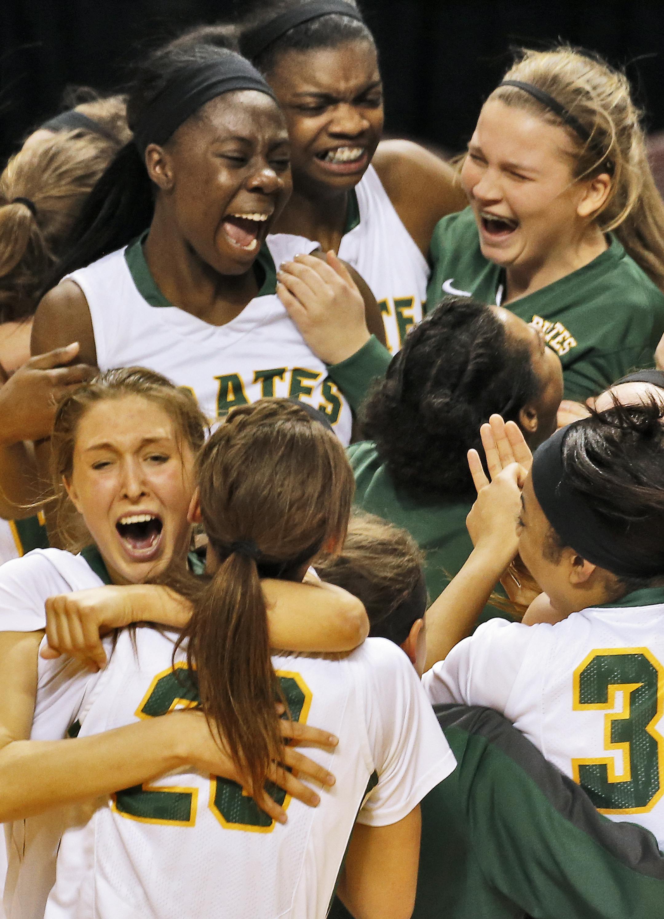 Park Center celebrates. ] Girls Basketball Championship Game - Class 3A - Park Center Pirates vs. Marshall Tigers. Park Center won in three overtime periods 73-71. (MARLIN LEVISON/STARTRIBUNE(mlevison@startribune.com)