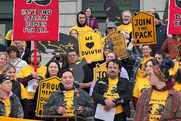 State Rep. Liish Kozlowski speaks at a rally last fall in front of Duluth City Hall, where a union representing rental tenants was announced.