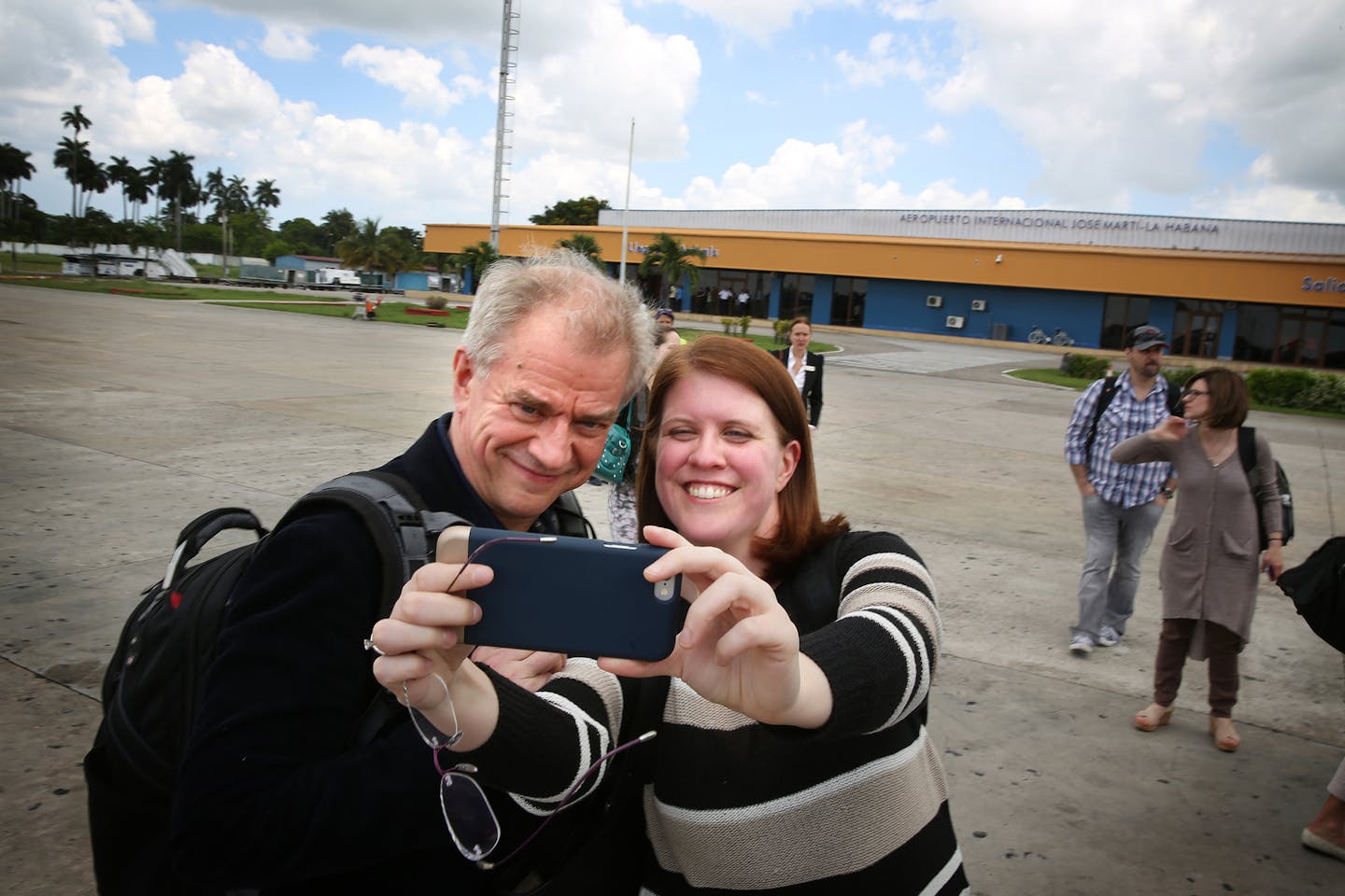 Minnesota Orchestra music director Osmo Vanska and concertmaster Erin Keefe pose for a selfie upon arrival at Jose Marti International Airport in Havana, Cuba on Wednesday.