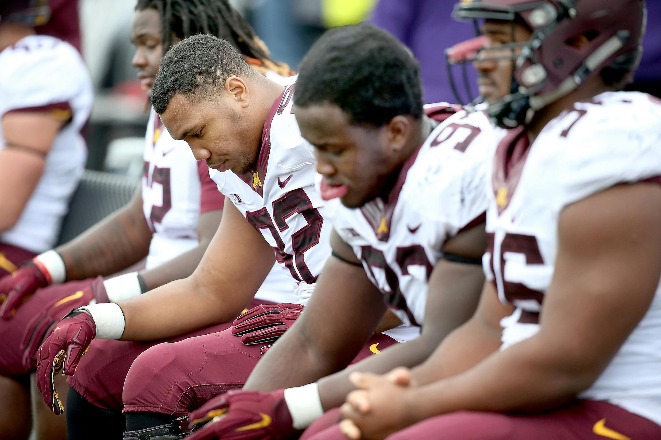 Minnesota's defensive lineman Robert Ndondo-Lay sat on the sideline during the last few minutes of the game as the Northwestern Wildcats defeated Minnesota 27-0.