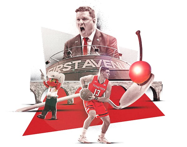 Inline illustration for the 2019 NCAA Men's Final Four basketball tournament that is being held in Minneapolis. Element includes coach Chris Beard, Ma