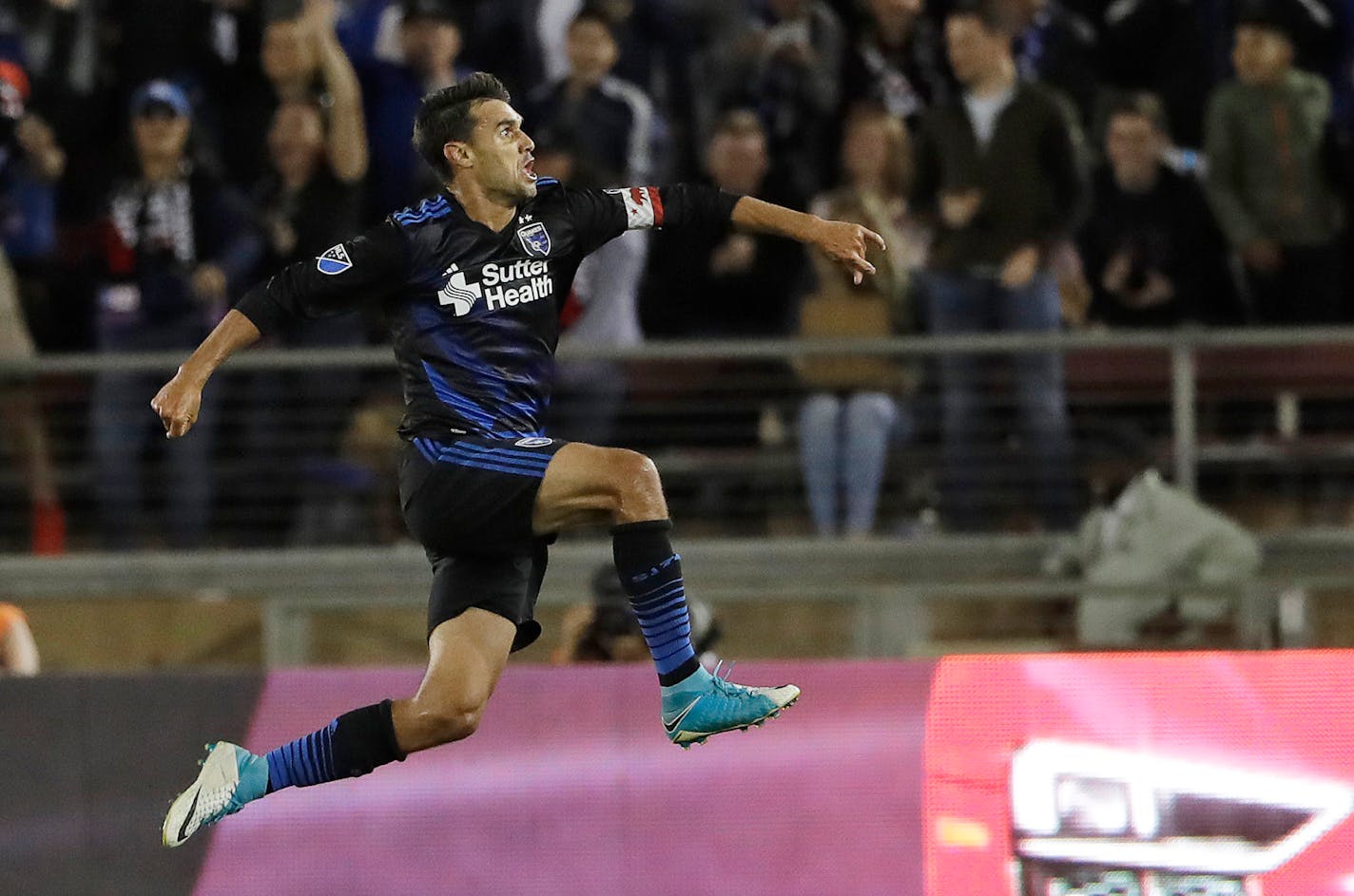 San Jose Earthquakes forward Chris Wondolowski leaps after scoring against the Los Angeles Galaxy during the second half of an MLS soccer match Saturday, July 1, 2017, in San Jose, Calif. San Jose won 2-1. (AP Photo/Marcio Jose Sanchez)