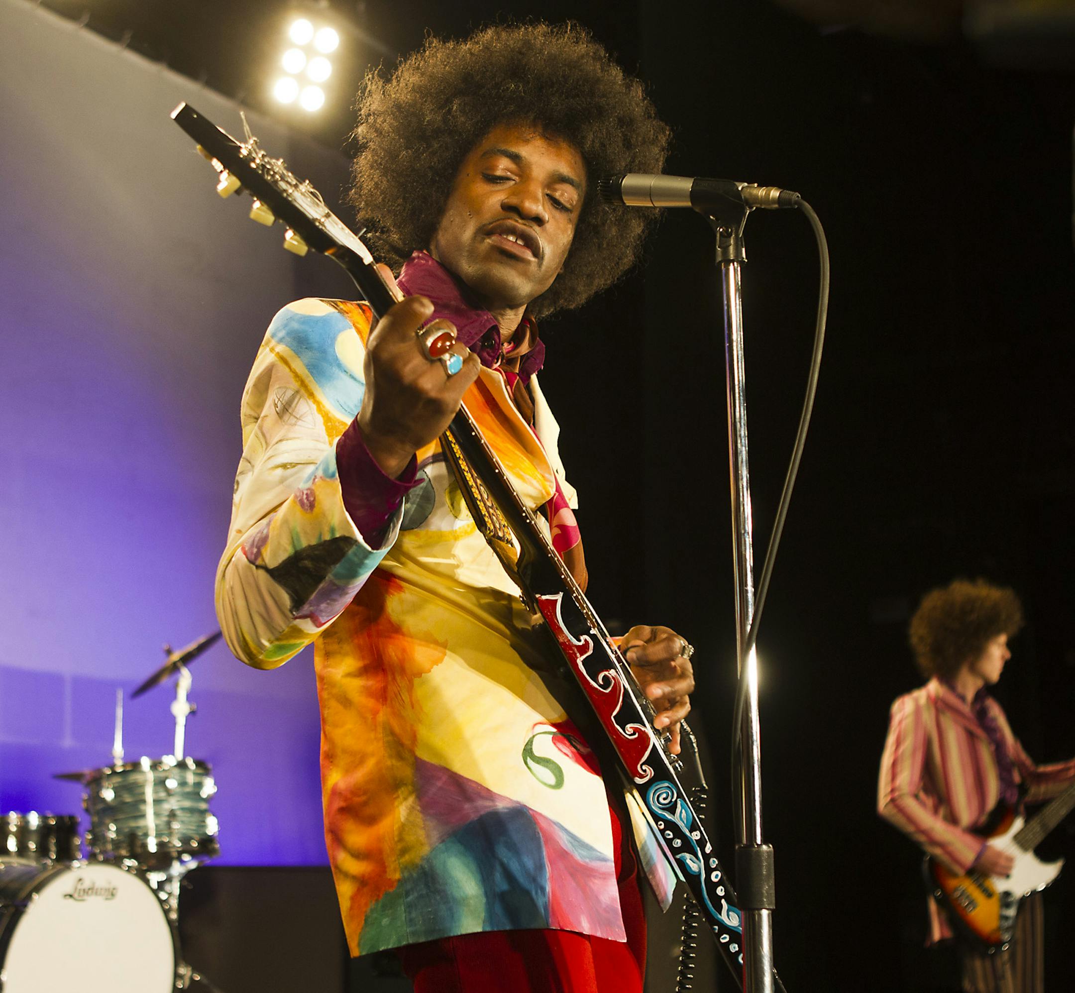 In this image released by XLrator Media, Andre Benjamin portrays Jimi Hendrix in the film "Jimi: All Is By My Side." ìAll Is By My Side,î which opens in theaters Friday, eschews the usual cradle-to-the-grave biopic trajectory, focusing instead on Hendrixís discovery by Linda Keith, his formation of The Experience and his breakthrough in a town dominated by the Beatles and Eric Clapton. (AP Photo/XLrator Media, Patrick Redmond)
