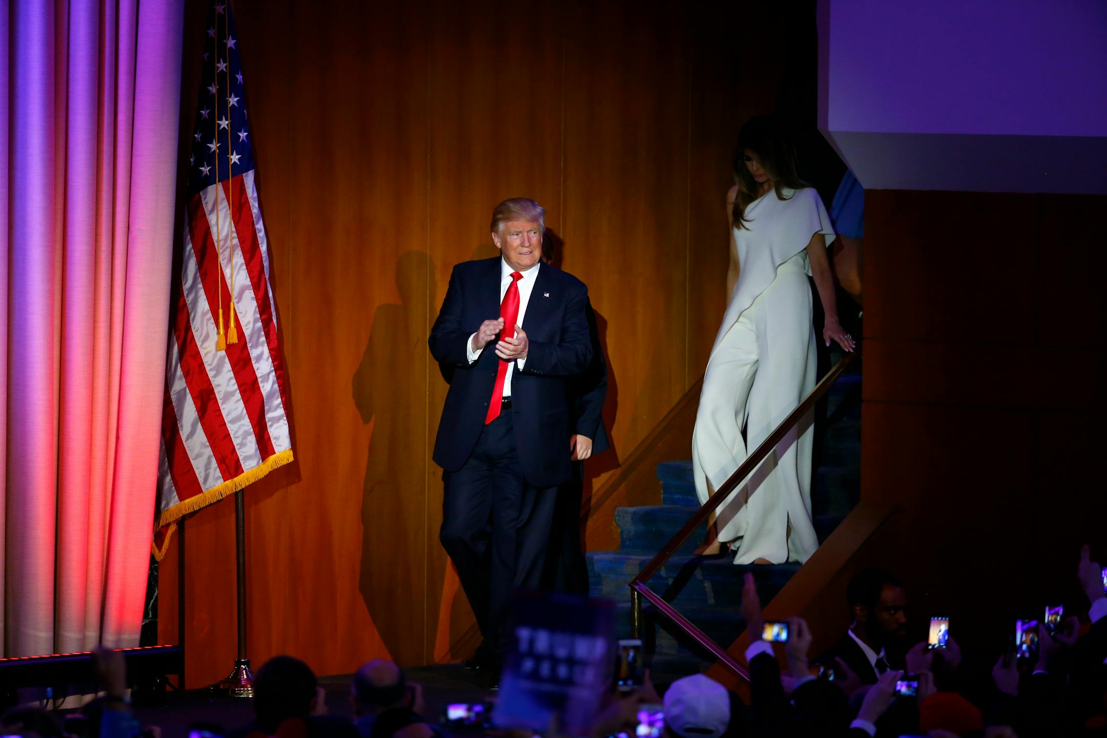 Donald Trump took the stage as president-elect after winning the election, shortly before 3 a.m. in New York, Nov. 9, 2016. Trump said that he had received a phone call of congratulations from Hillary Clinton. (Eric Thayer/The New York Times)