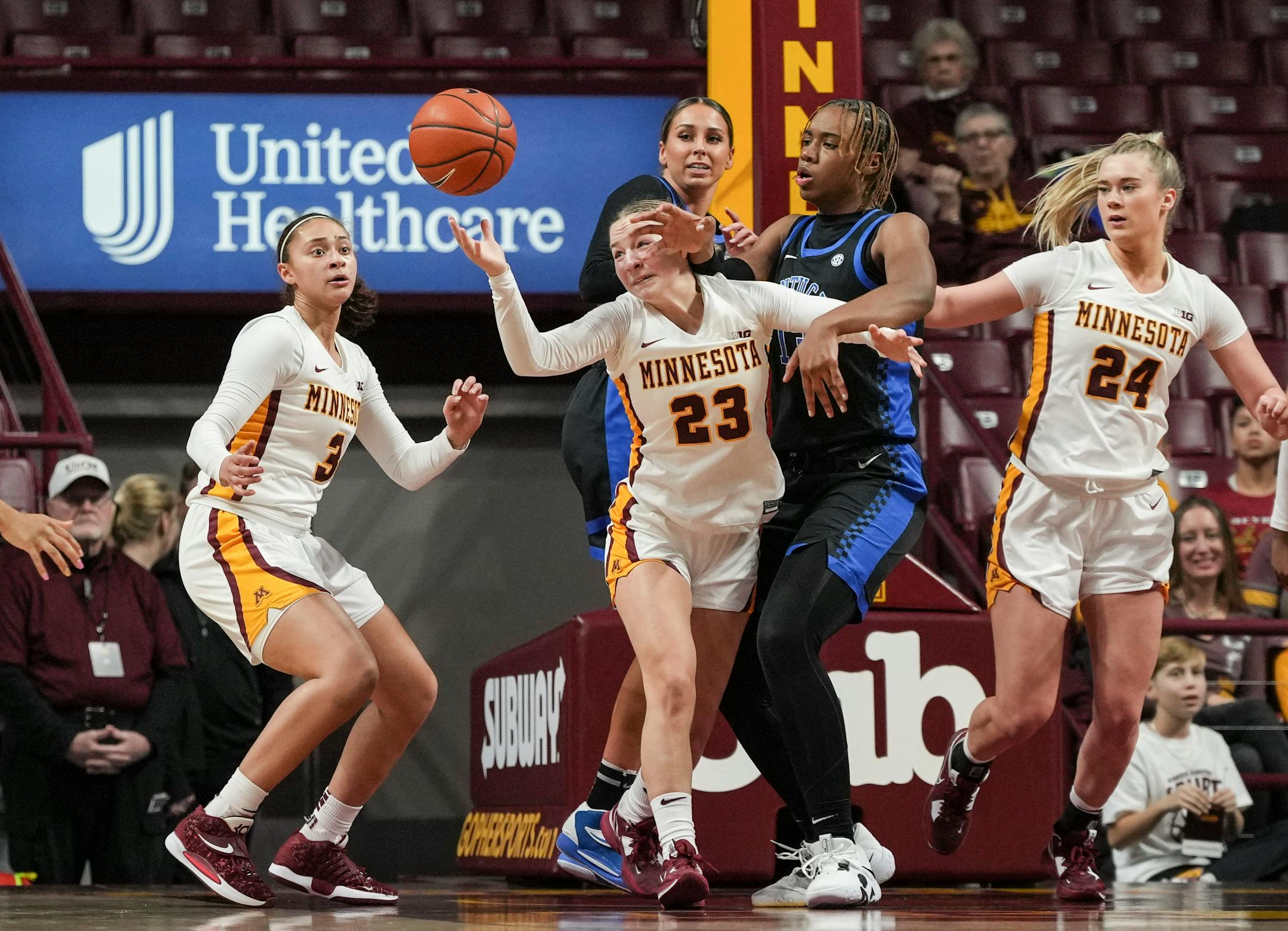 Minnesota Gophers guard Katie Borowicz (23) steals the ball from Kentucky in the first half.