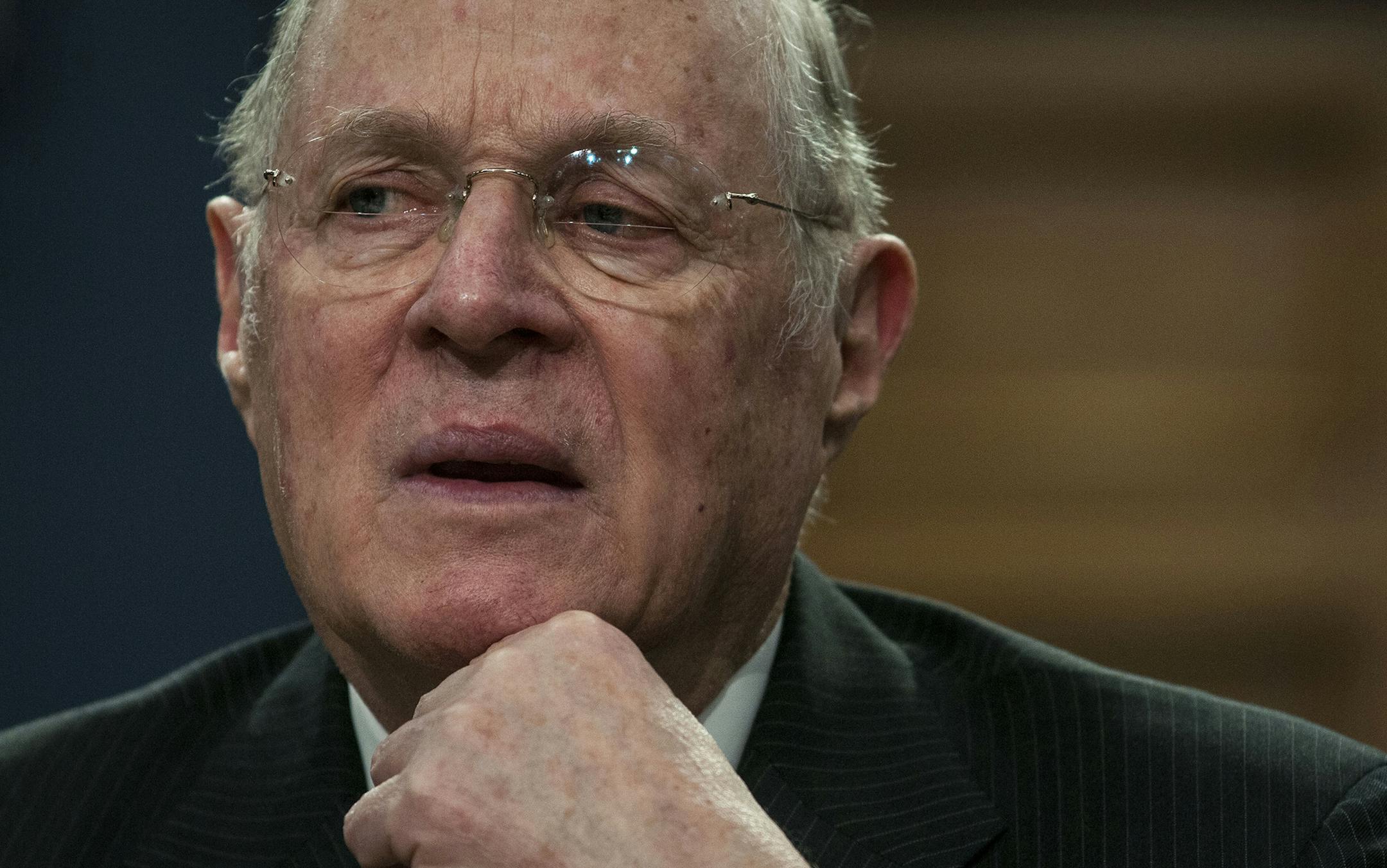 FILE -- Supreme Court Justice Anthony Kennedy speaks a hearing on Capitol Hill in Washington, March 23, 2015. Kennedy cited racial discrimination grounds in ordering Hawaiian officials to not count ballots in an election only open to native islanders, in a stay issued on Nov. 27. (Gabriella Demczuk/The New York Times) ORG XMIT: MIN2015122317115563
