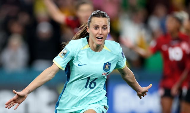 Australia’s Hayley Raso celebrates after scoring during group play.