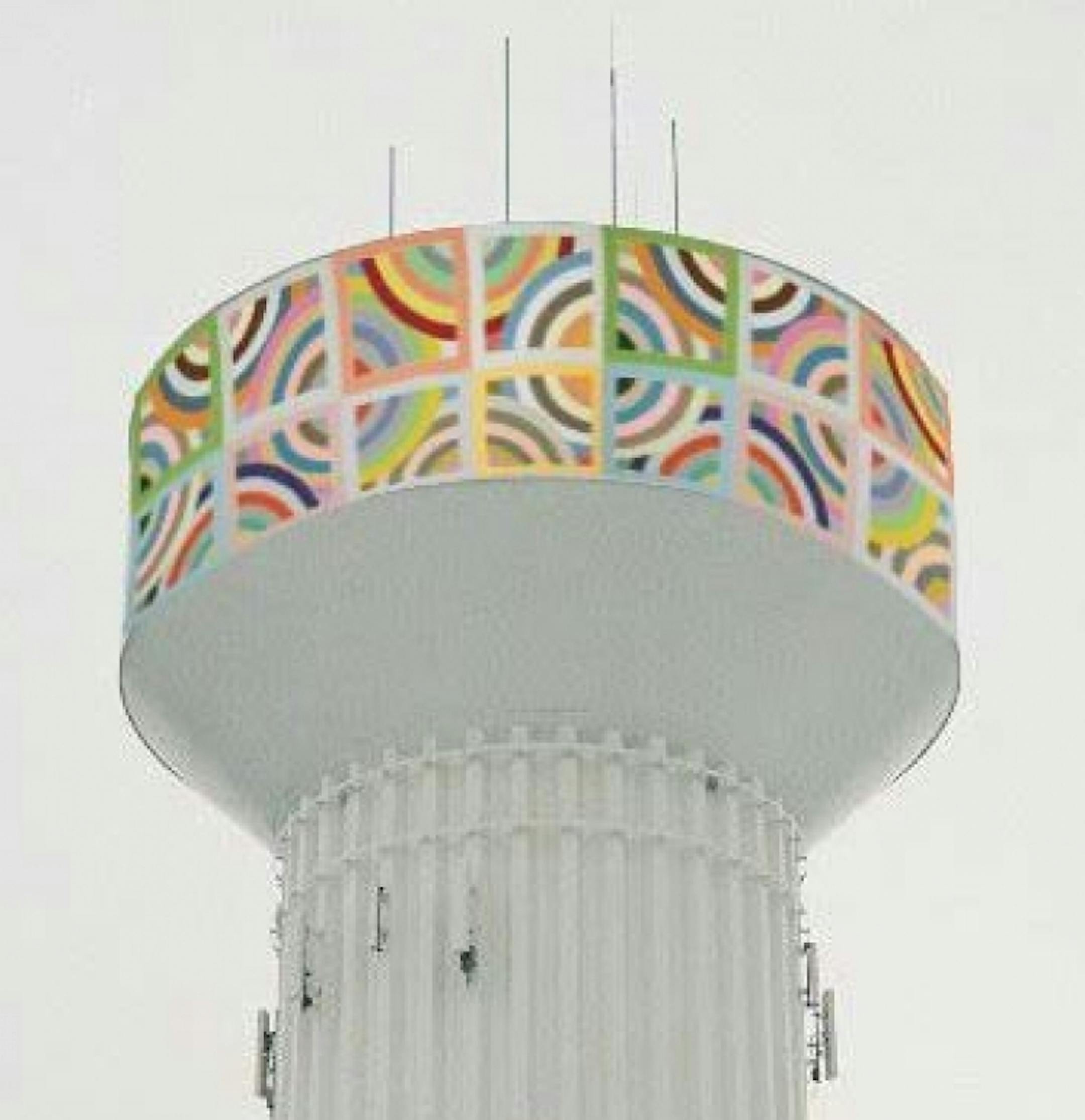 Minnetonka's water tower was wrapped with Frank Stellaís ìTahkt-I-Sulayman Variation IIî ó one of three Minnesota water towers getting reproductions of popular images from the Minneapolis Institute of Artsí permanent collection as part of the MIAís 2015 centennial celebrations. Submitted photo from Minneapolis Institute of Arts.
