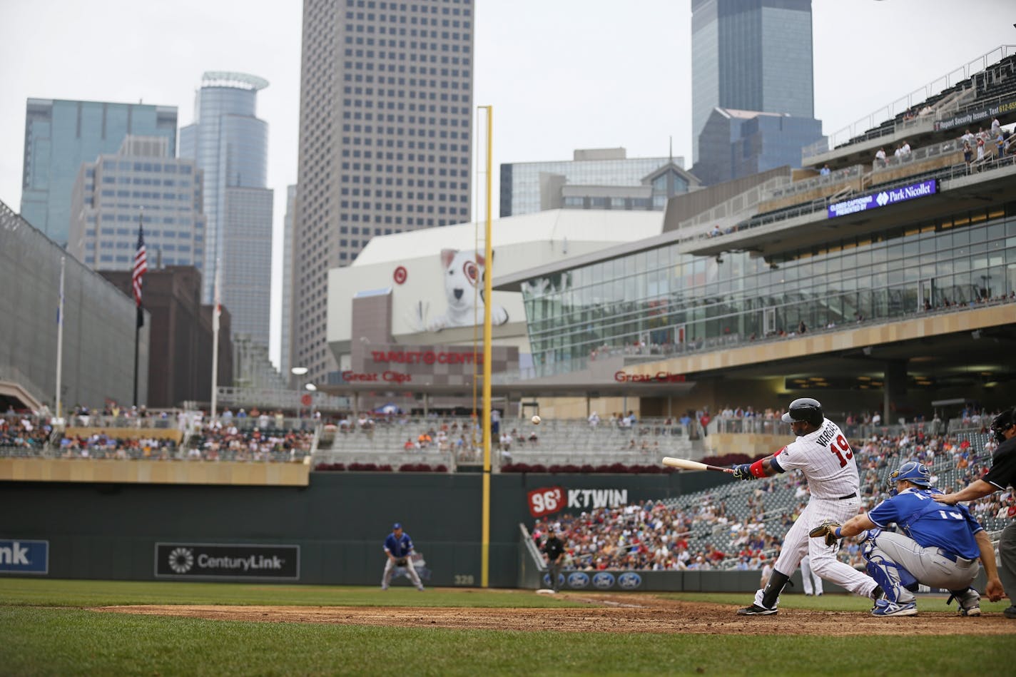 Kennys Vargas (19) hit a double in the eight inning at Target Field Sunday August 17 , 2014 in Minneapolis MN .The Twins lost 12-6.