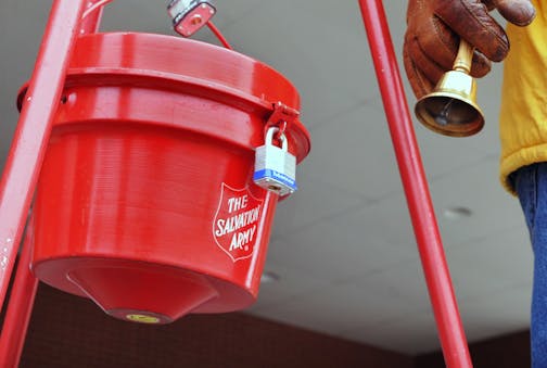 The holiday season is underway with the appearance of the Salvation Army donation kettles and bell ringers. This year's campaign will run 43 days according to Capt. David Swyers in Wichita Falls, Texas, Friday, Nov. 14, 2014. (AP Photo/Wichita Falls Times Record News, Torin Halsey)