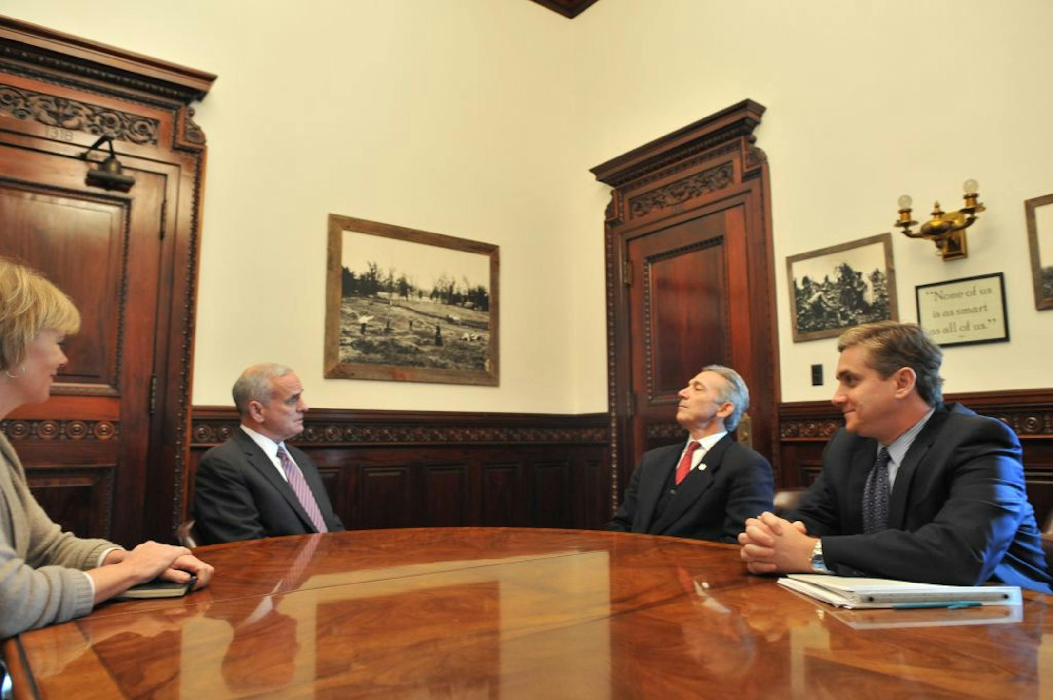 Gov. Mark Dayton met Tuesday at the State Capitol with NFL vice presidents Eric Grubman, center, and Neil Glat. On Wednesday, Dayton has a meeting planned with advocates for a casino at Block E in downtown Minneapolis, a facility that could help fund any stadium project.