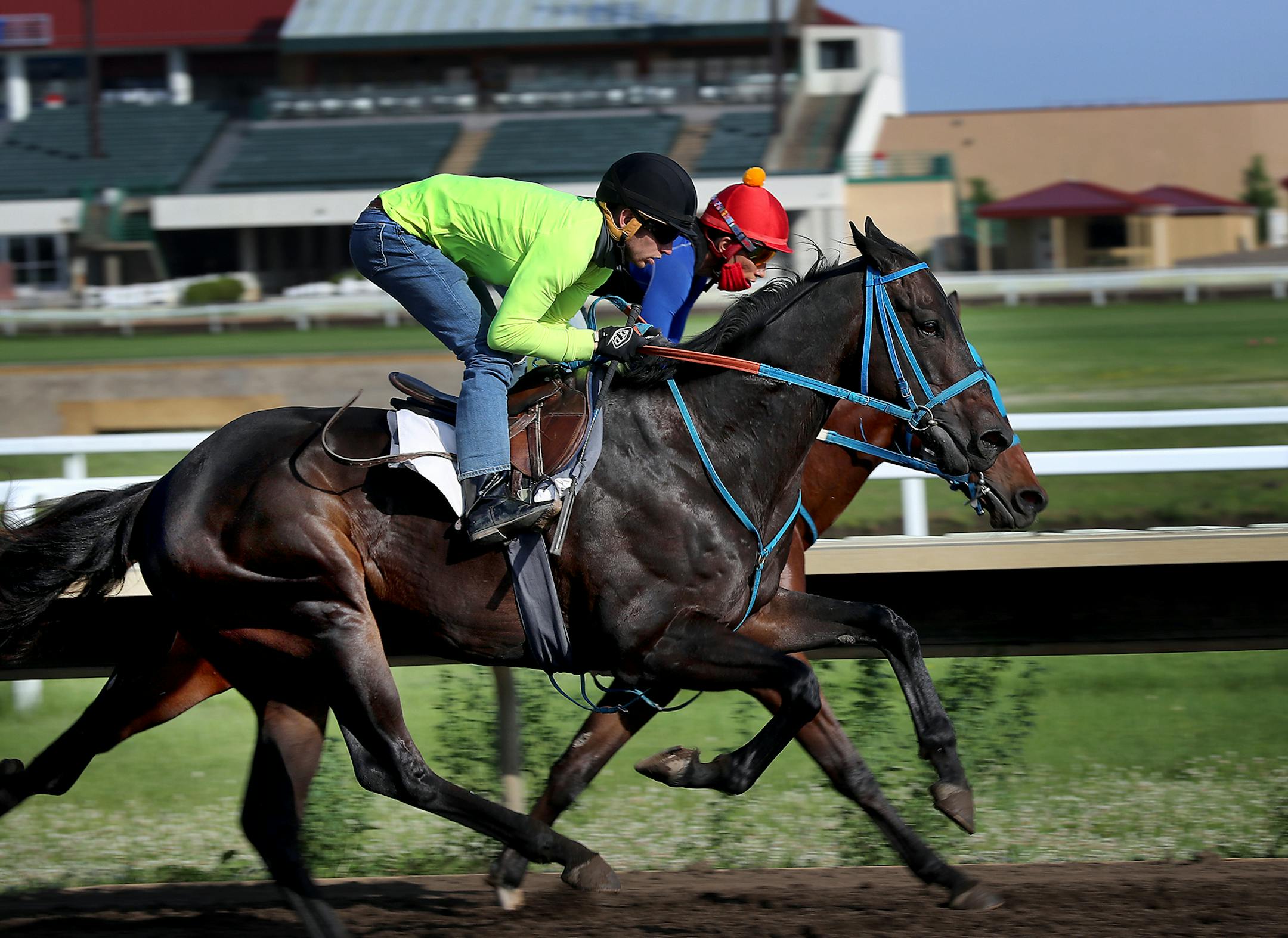 On the day before racing starts, Canterbury Park was humming with activity, including exercise riders and jockeys who worked out horses on the track Tuesday, June 9, 2020, at Canterbury Park in Shakopee, MN.] DAVID JOLES • david.joles@startribune.com Canterbury races start Wednesday**Shawn Davis ,cq