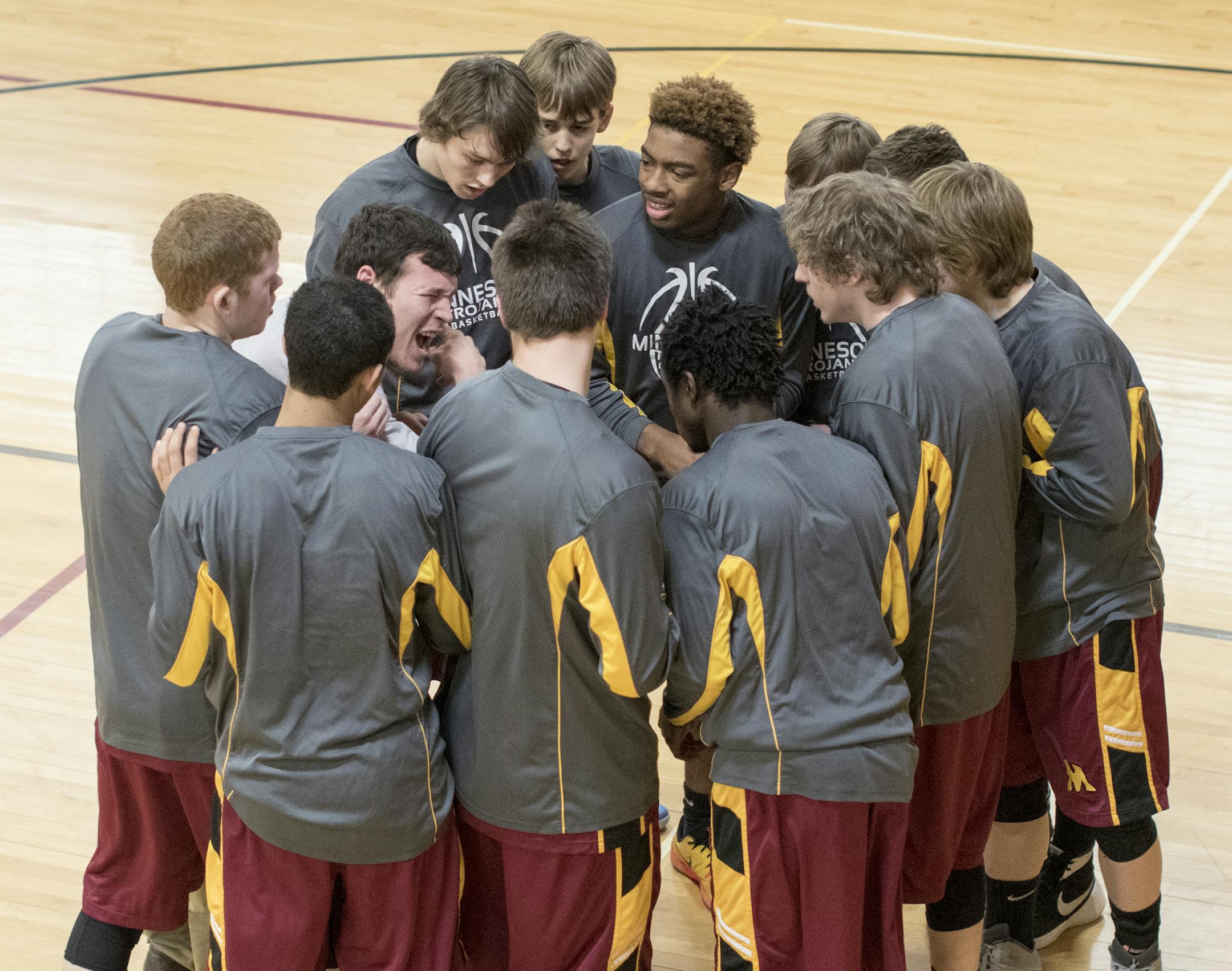 Pre-game motivation as the Minnesota State Academy for the Deaf hosted Mounds View High School on January 9, 2016 in Faribault, Minnesota.] MATT BLEWETT ï matt@mattebphoto.com Special to Star Tribune - January 9, 2016, Faribault, MN, Minnesota State Academy for the Deaf, Mounds View High School , 451603 PNORTH012416 MSAD vs Mounds View