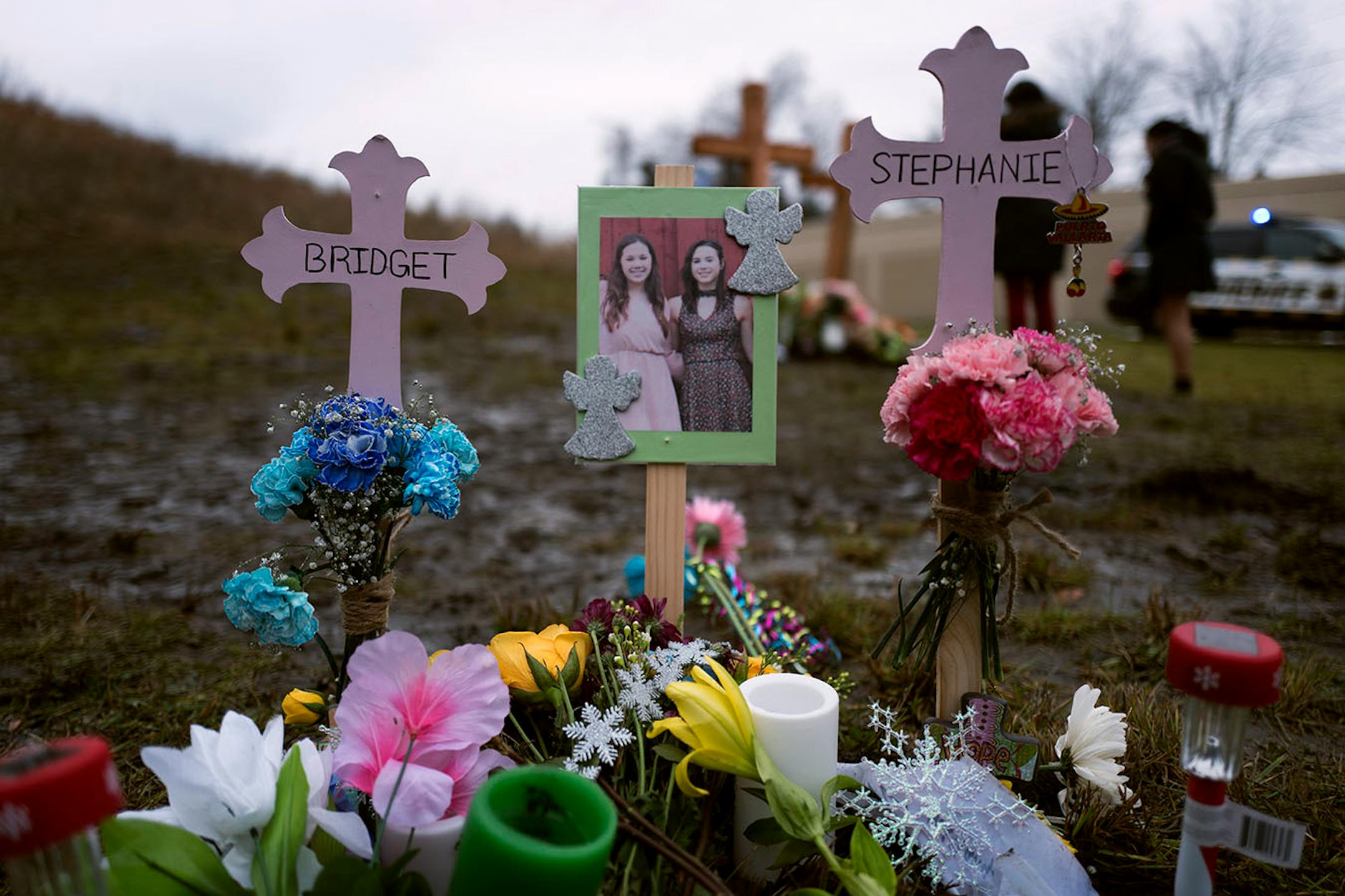A memorial for Bridget Giere,16, and Stephanie Carlson, 16 who were killed in a crash last week at Highway 96, and Old Highway 10, December 05, 2016 in Arden Hills , MN.