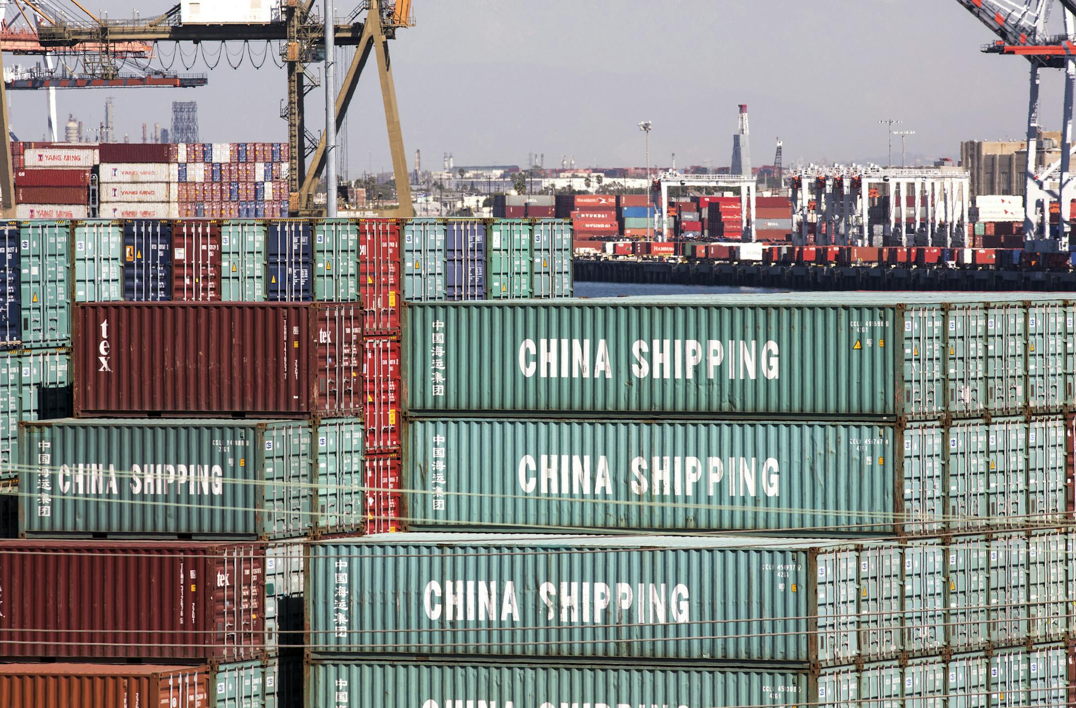 Shipping containers stacked up at the Port of Los Angeles in California, Oct. 16, 2013. The American economy grew at an annual rate of 2.8 percent in the third quarter, significantly better than economists had expected and the fastest pace this year. (Monica Almeida/The New York Times) ORG XMIT: MIN2013110718304765
