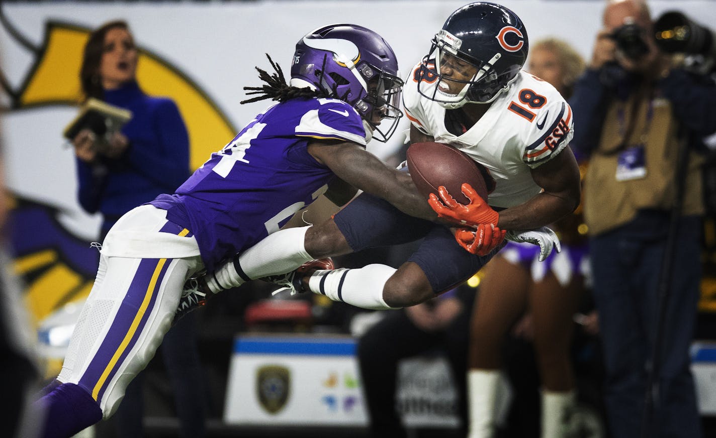 Chicago Bears wide receiver Taylor Gabriel (18) caught a 39--yard pass over Minnesota Vikings defensive back Holton Hill (24) in the second quarter at U.S. Bank Stadium Sunday December 30, 2018 in Minneapolis , MN.] The Minnesota Vikings hosted the Chicago Bears at U.S. Bank Stadium. Jerry Holt &#x2022; Jerry.holt@startribune.com