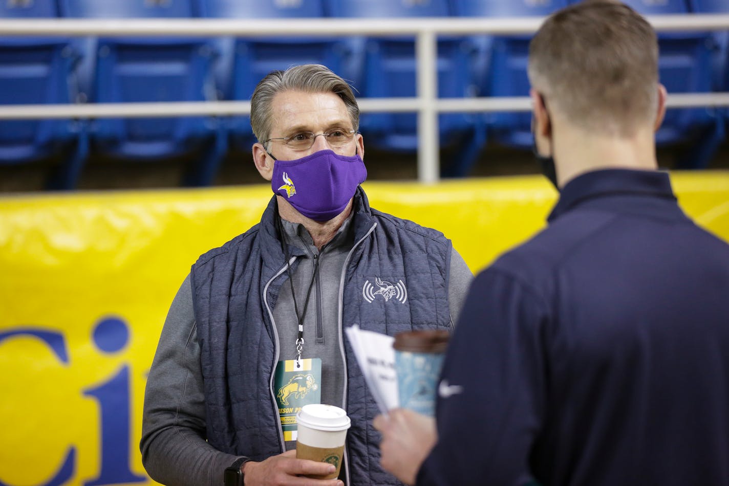 Minnesota Vikings general manager Rick Spielman attends the North Dakota State's NFL Pro Day Friday, March, 12, 2021, in Fargo, North Dakota. (AP Photo/Andy Clayton- King)