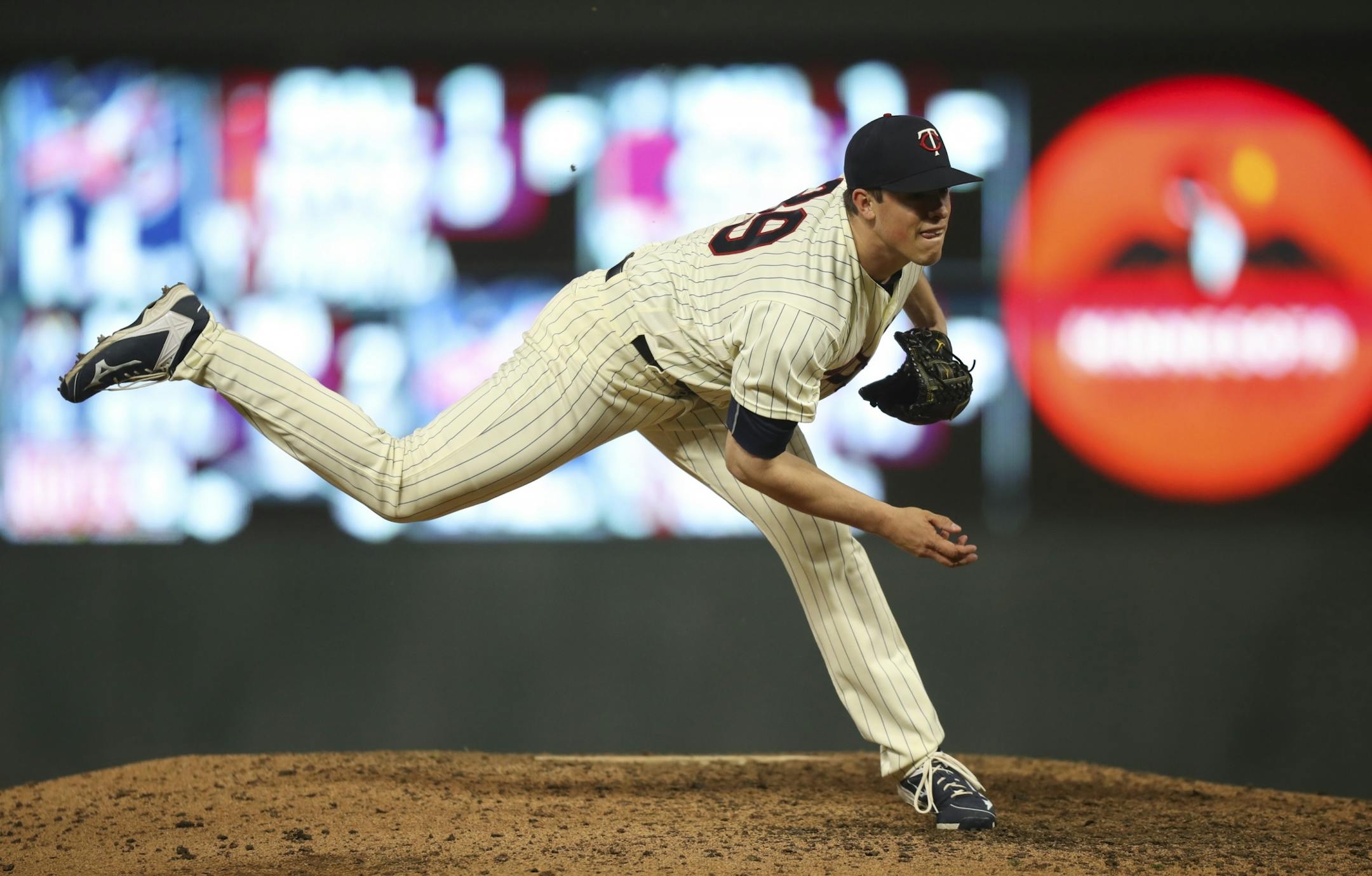Minnesota Twins relief pitcher Trevor Hildenberger throwing in the eighth inning.