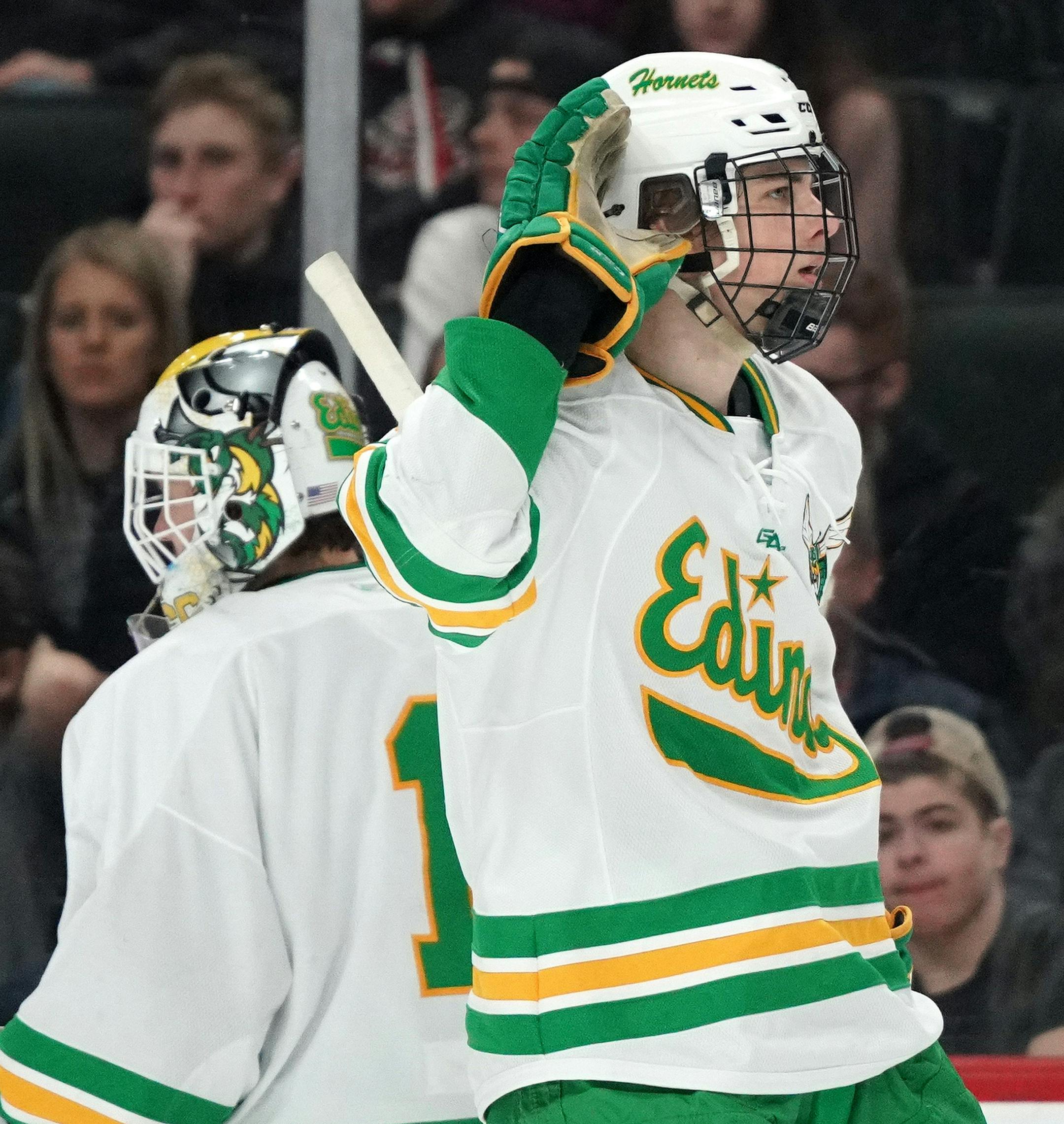 Edina forward Brett Chorske (17) played to the crowd after scoring in the first period. ] ANTHONY SOUFFLE &#x2022; anthony.souffle@startribune.com Edina High School played St. Thomas Academy in a Class 2A boys hockey semifinal game Friday, March 8, 2019 at the Xcel Energy Center in St. Paul, Minn.