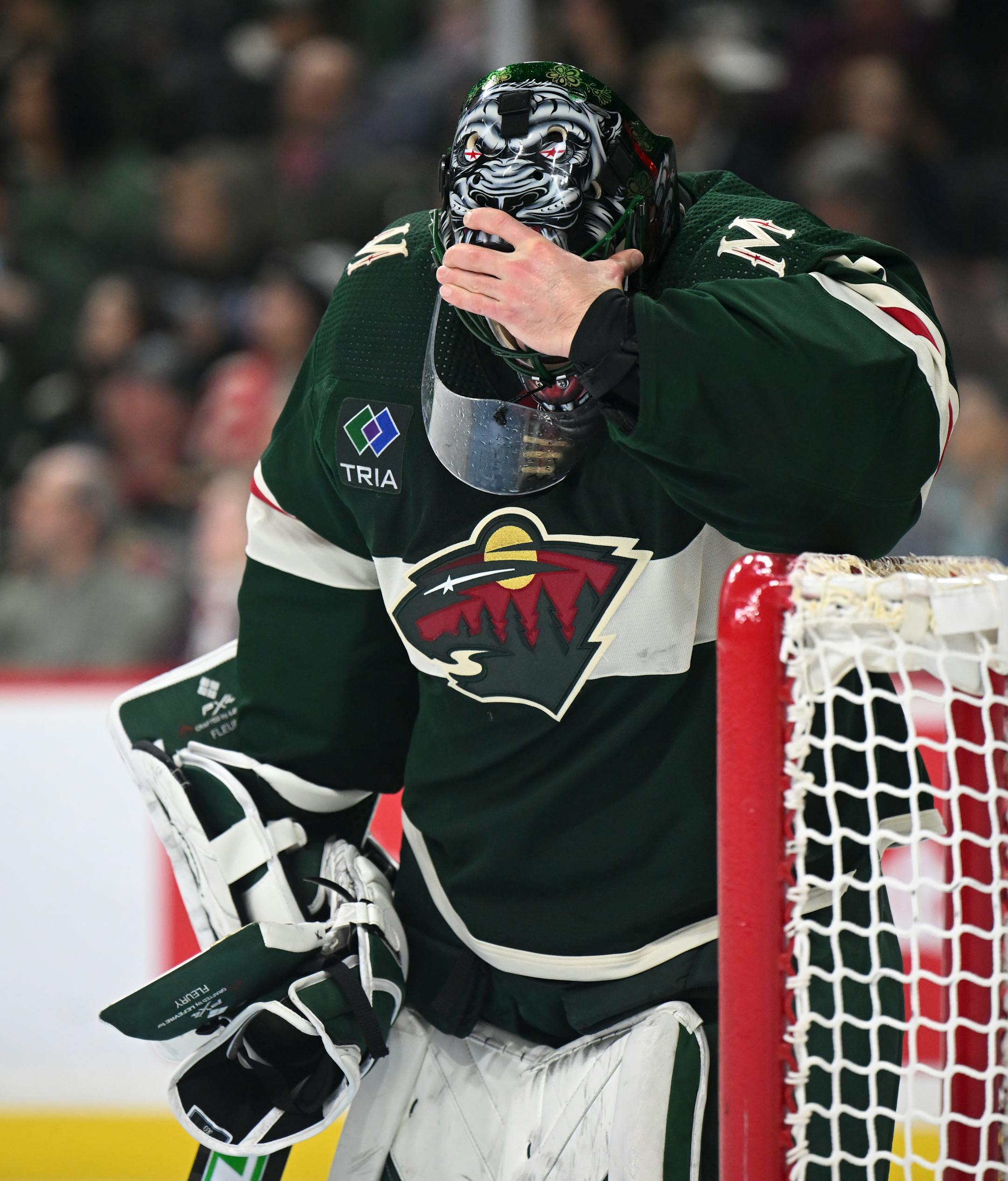 Minnesota Wild goaltender Marc-Andre Fleury (29) collects himself after allowing a goal by Tampa Bay Lightning defenseman Darren Raddysh (43) in the second period Thursday, Jan. 4, 2024 at Xcel Energy Center in St. Paul, Minn.. ] AARON LAVINSKY • aaron.lavinsky@startribune.com