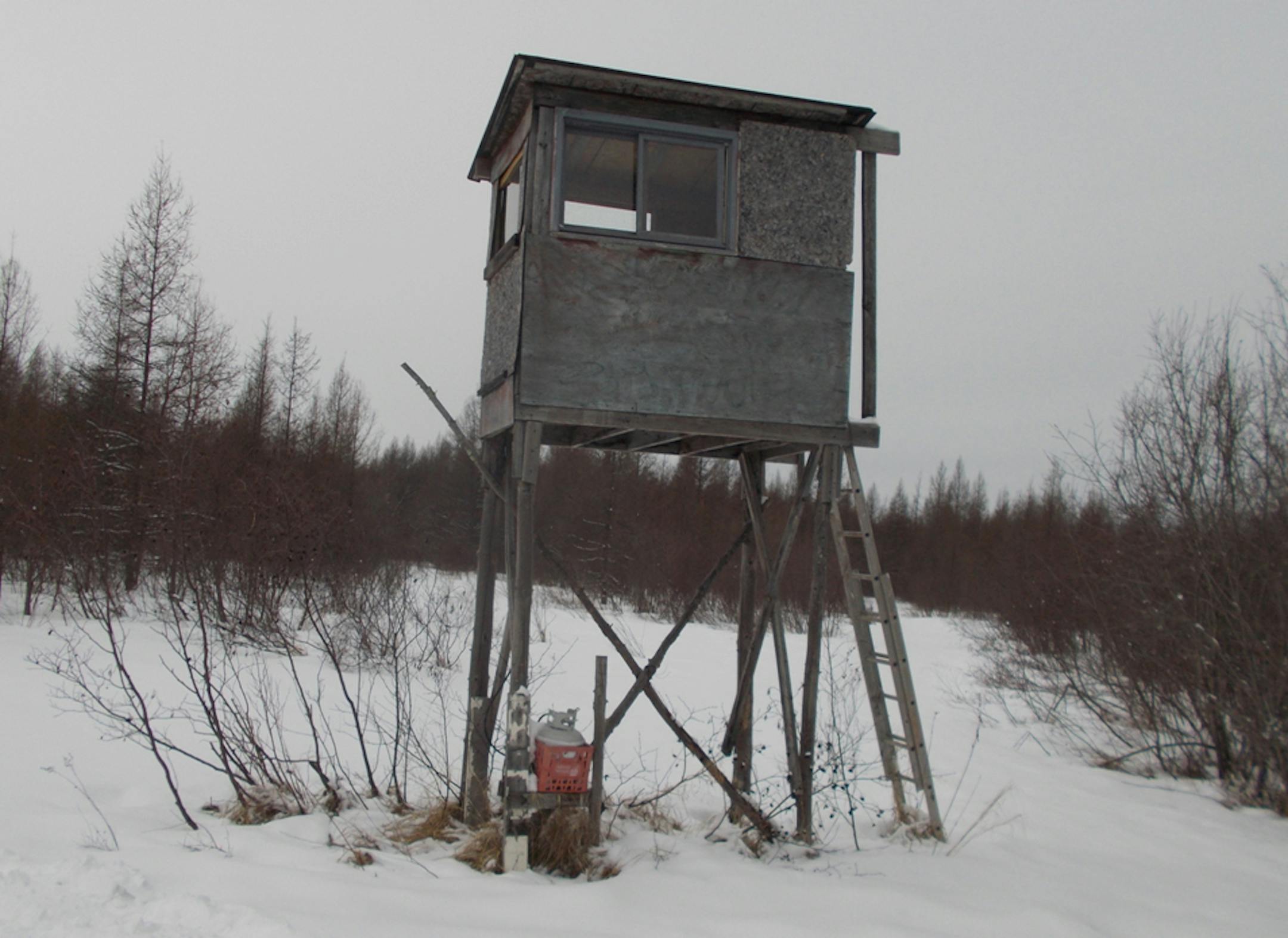 This deer stand was built on state land in Aitkin county, where many shooting lanes also were cut, much to the consternation of DNR officials. (DNR photo)