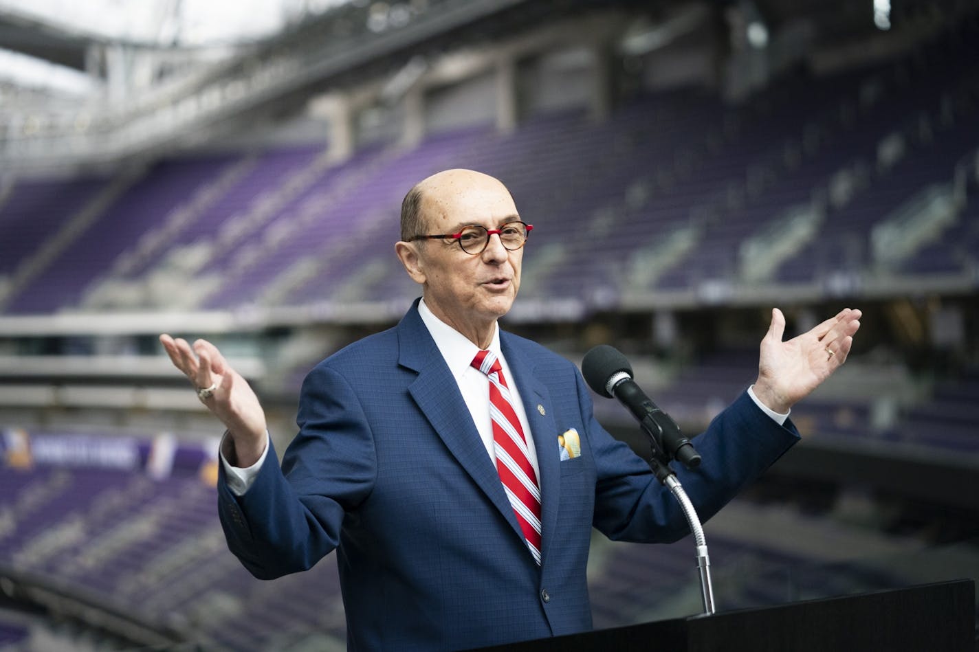 Minnesota Sports Facility Authority Chairman Mike Vekich spoke about the Final Four at U.S. Bank Stadium on March 5. The board approved a 60% raise in his salary, saying he acts as the public face of the agency.