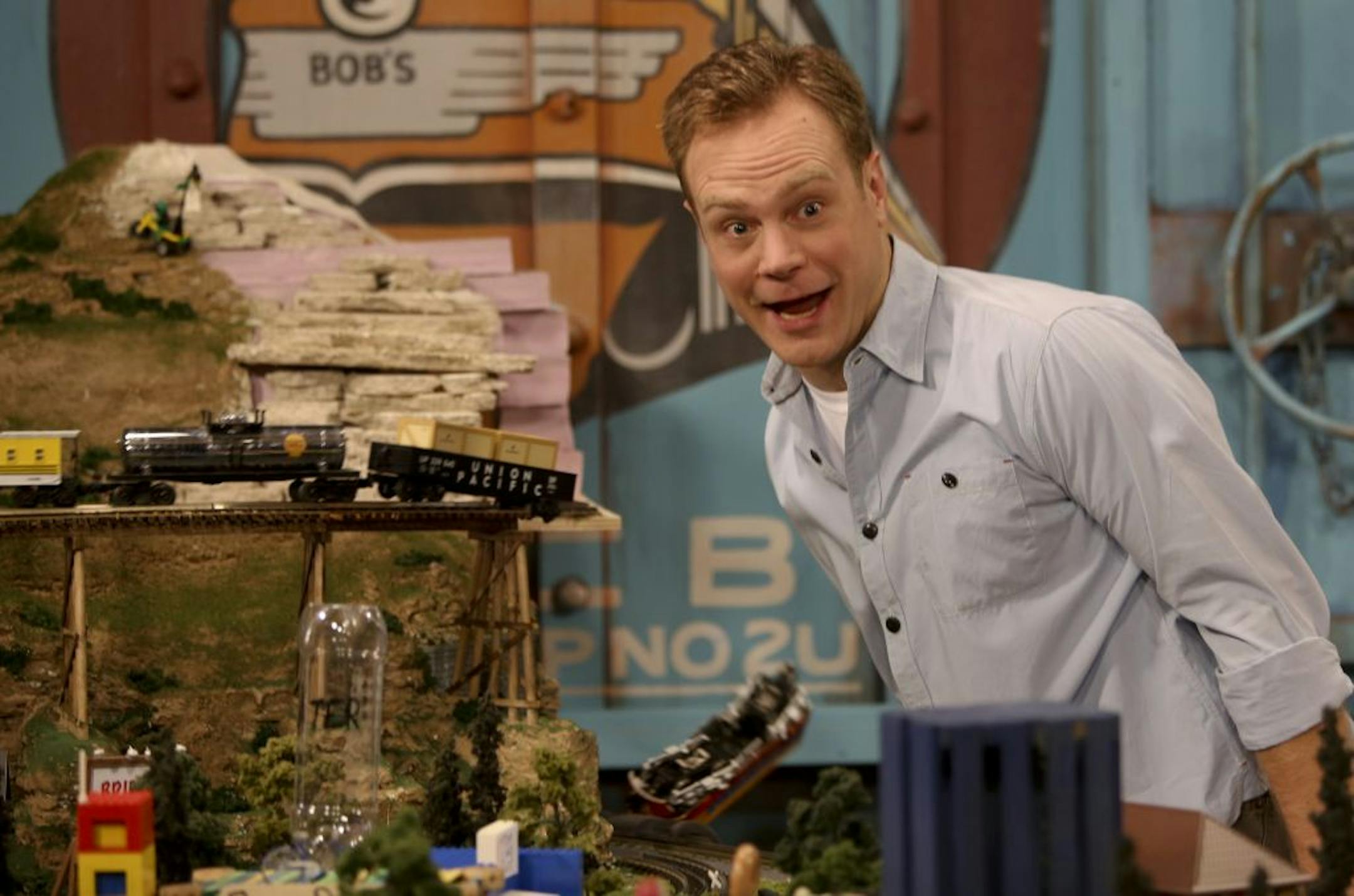 Sam Heyn, who played Choo Choo Bob, talked to the camera as a train went off the tracks during the filming of an episode of The Choo Choo Bob Show in St Paul Min., Wednesday August 15, 2012.
