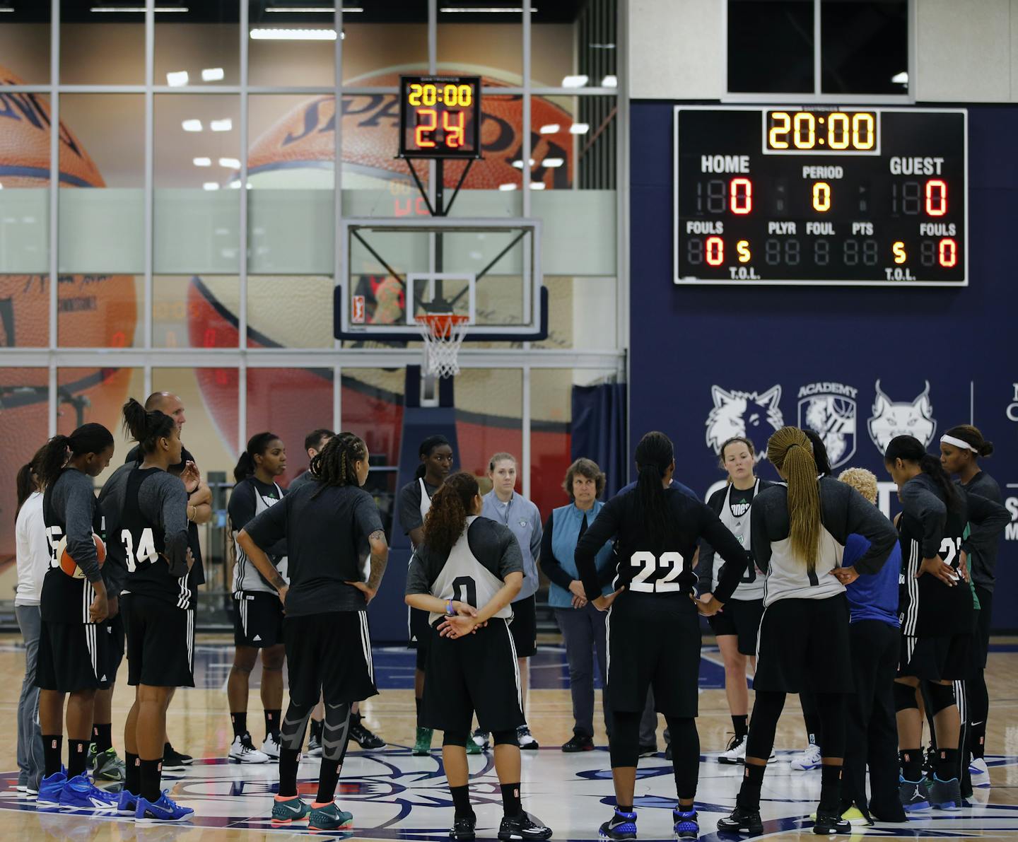 A backdrop of bright windows surrounded Lynx players Sunday as they huddled for instructions during a break in the WNBA team&#x2019;s first training camp session, at their new practice facility at the Mayo Clinic Square in Minneapolis.