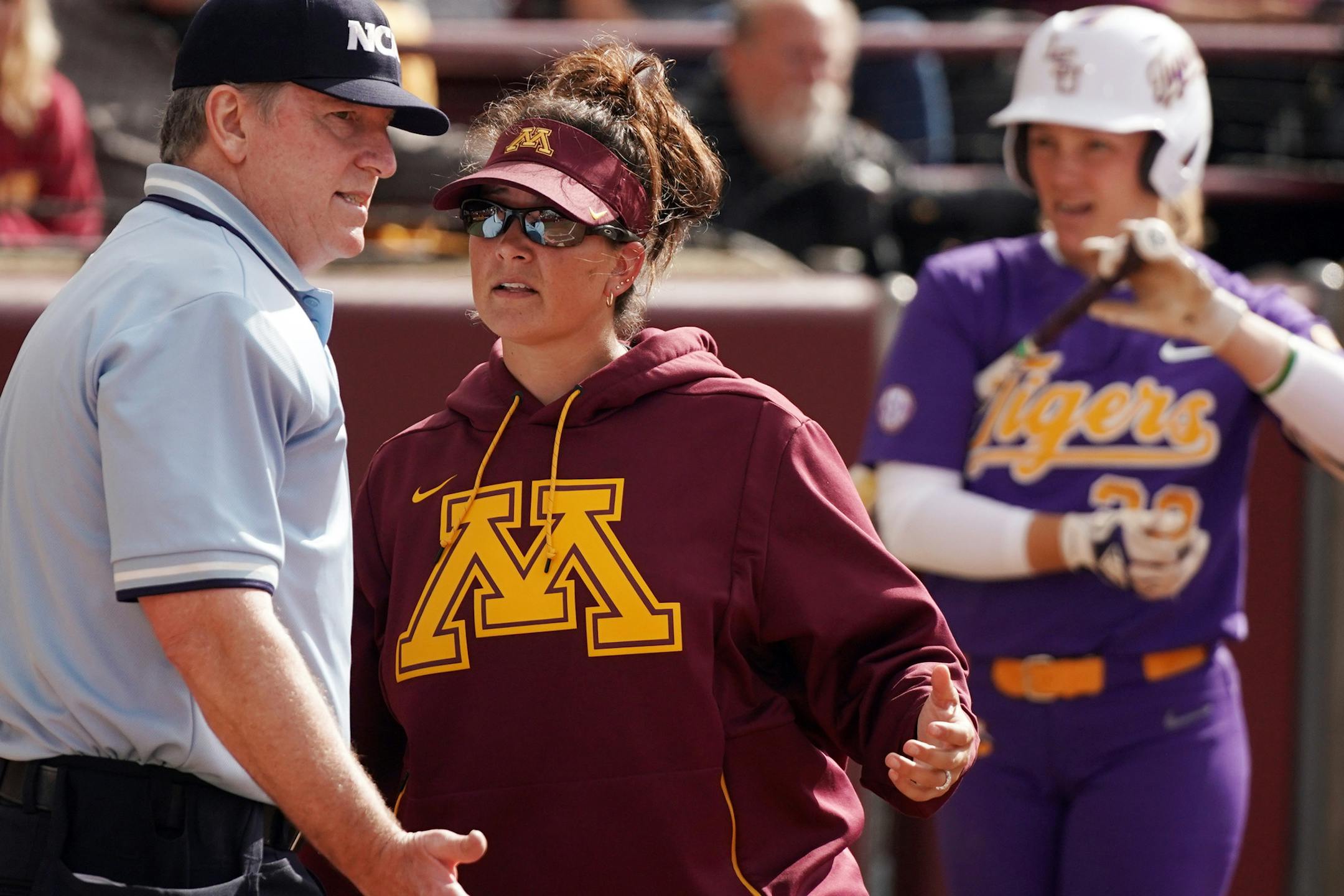 Gophers head coach Jamie Trachsel questioned a call by the home plate umpire. ] ANTHONY SOUFFLE • anthony.souffle@startribune.com The Gophers played the LSU Tigers in an NCAA super regional softball game Friday, May 24, 2019 at Jane Sage Cowles Stadium in Minneapolis.