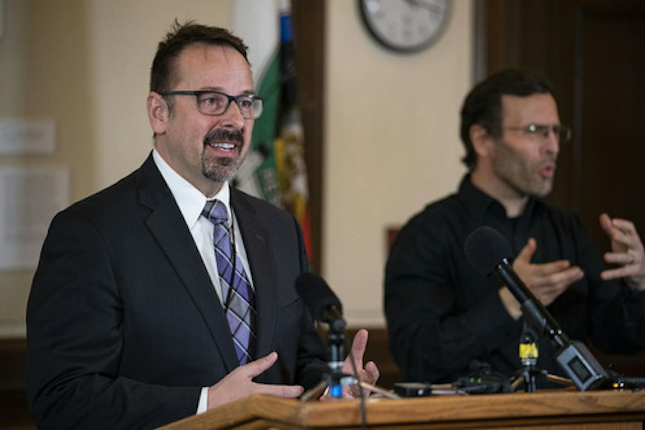 ISD709 Superintendent Bill Gronseth spoke at the press conference discussing the measures the city would be taking to slow the spread of COVID-19. ] ALEX KORMANN • alex.kormann@startribune.com Community leaders in Duluth, MN met at city hall on Monday March 16, 2020 to discuss measures the city would be taking to combat the spread of COVID-19. Speakers included Duluth Mayor Emily Larson, Congressman Pete Stauber and executives from Essentia Health and St. Luke's, among others.