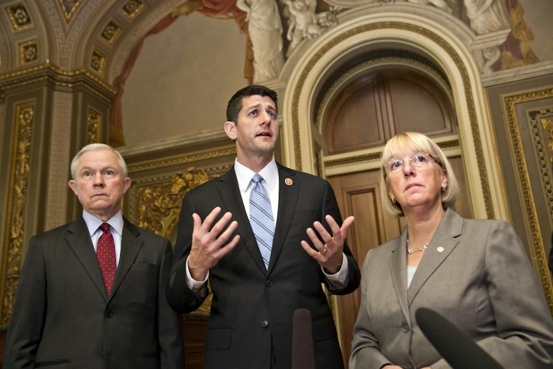 From left, Sen. Jeff Sessions, R-Ala., House Budget Committee Chairman Paul Ryan, R-Wisc., Senate Budget Committee Chair Patty Murray, D-Wash., outline their approach to tackling the nation�s debt problems in the Senate Reception Room at the Capitol in Washington, Thursday, Oct. 17, 2013. With last-minute legislation passed in Congress that reopened the government and averted a national default, bipartisan budget conferees from both houses of Congress emerge from an initial meeting in the Capito