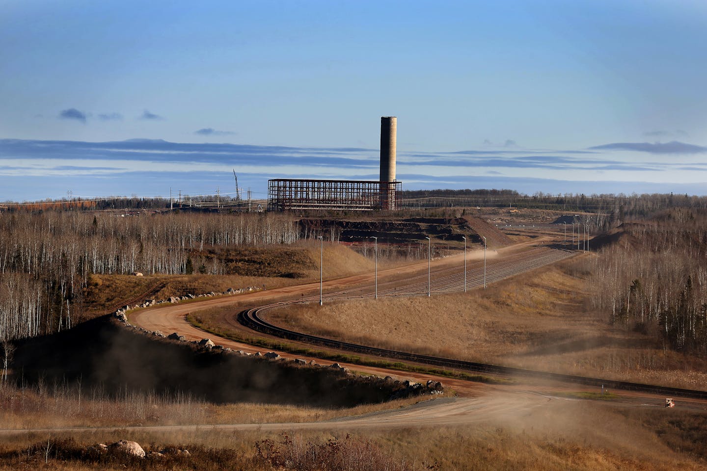 The stacks and the steel frame for the induration building are seen on the site of the former Essar Steel Minnesota taconite mine project in Nashwauk. (LEILA NAVIDI/ leila.navidi@startribune.com)