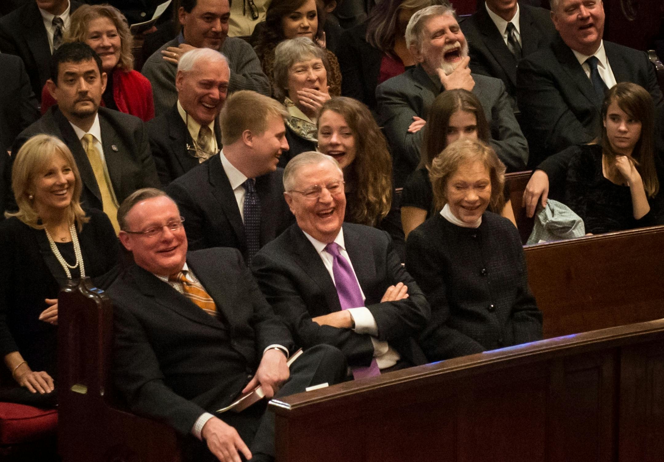 The Mondales laughed at a lighter moment as former president Jimmy Carter remembered Joan Mondale. Joan Mondale's memorial service was held Saturday, February 8, 2014 at Westminster Presbyterian Church, Minneapolis. Vice President Joe Biden attended with his wife Jill as well as Jimmy and Rosalynn Carter.