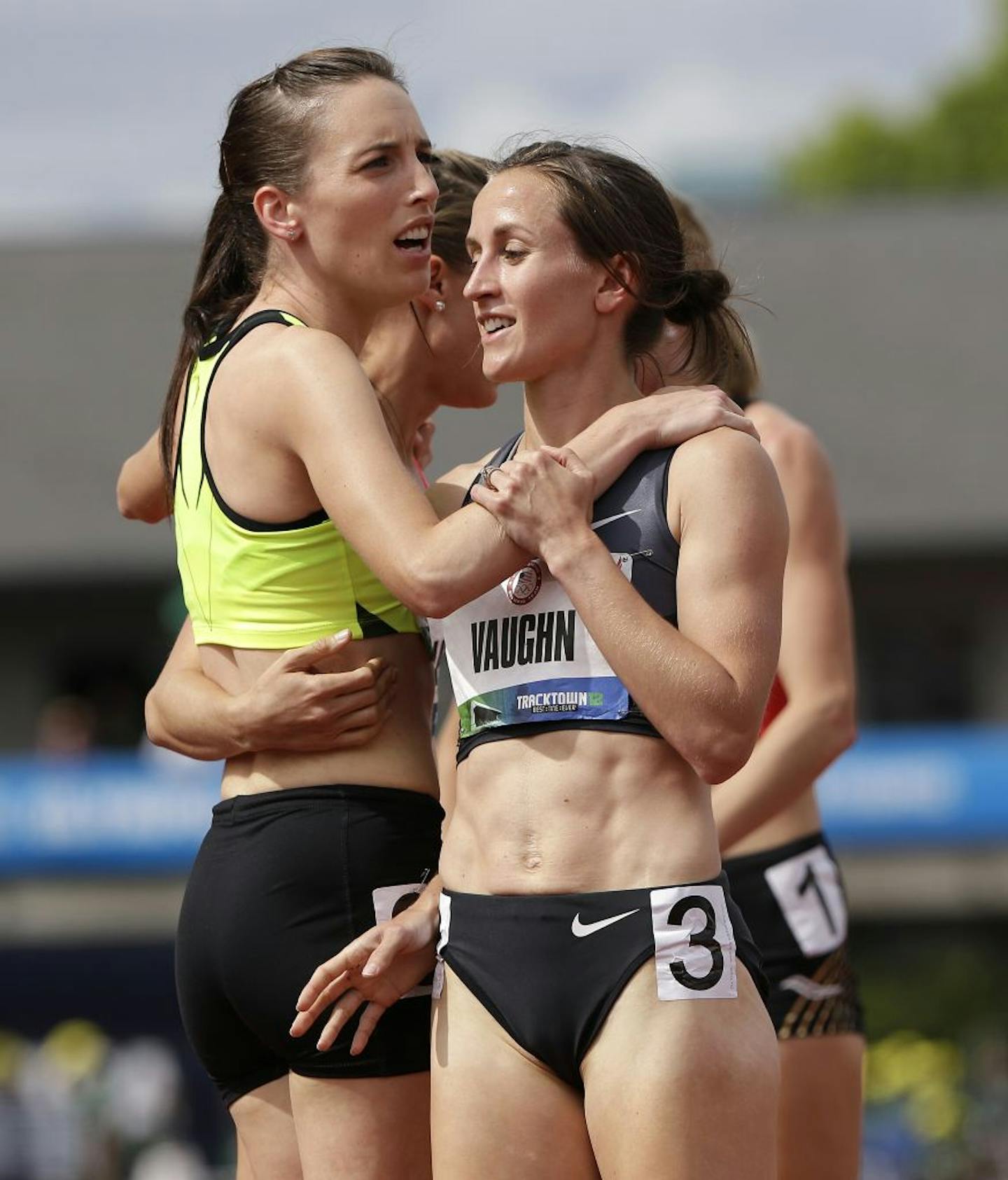 Gabriele Anderson, left, and Sara Vaughn congratulate each other after the women's 1500 meter semi-finals at the U.S. Olympic Track and Field Trials Friday, June 29, 2012, in Eugene, Ore.