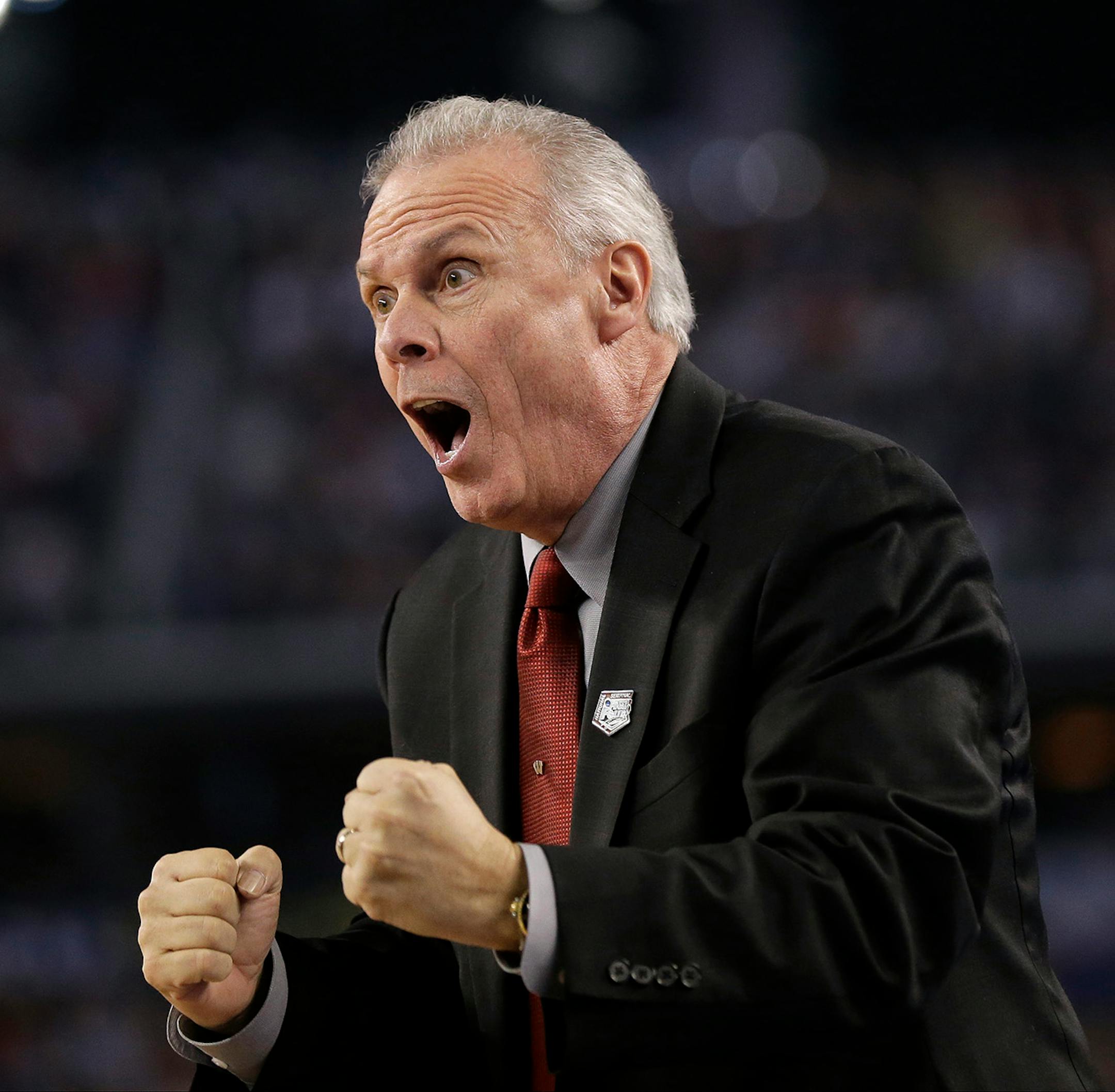 Wisconsin head coach Bo Ryan reacts during the first half of the NCAA Final Four tournament college basketball semifinal game against Kentucky Saturday, April 5, 2014, in Arlington, Texas. (AP Photo/Eric Gay)