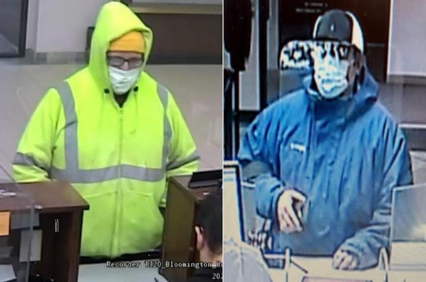 Side-by-side photos from surveillance footage of a bank robbery suspect.