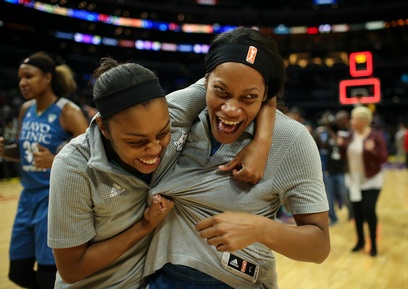 Minnesota Lynx guards Renee Montgomery, left, and Jia Perkins celebrated after Game 4 of the WNBA finals last season.