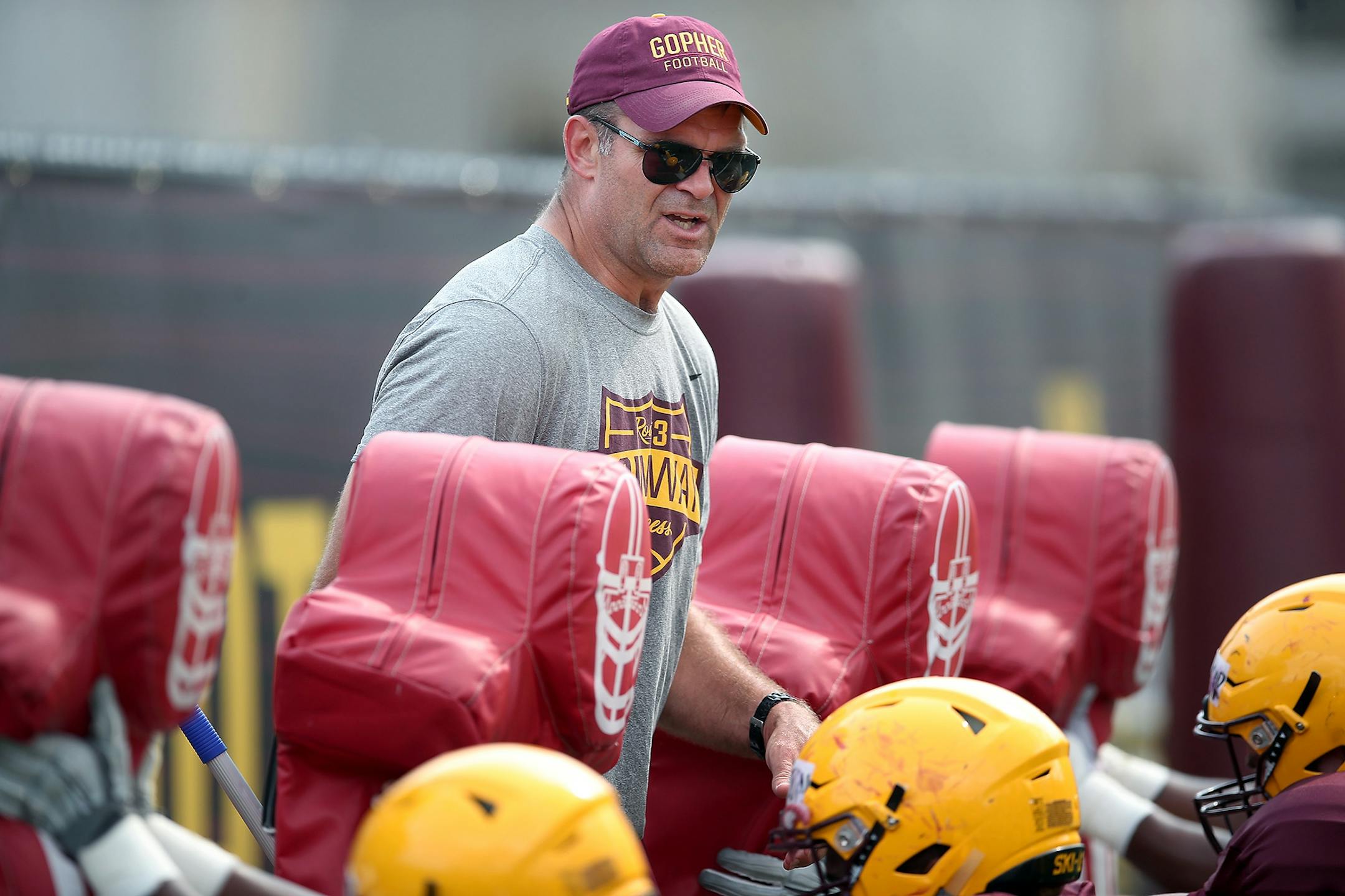 Gophers defensive line coach Bryce Paup led drills during the Gophers football practice at Gibson-Nagurski Football Complex, Saturday, August 5, 2017 in Minneapolis, MN.